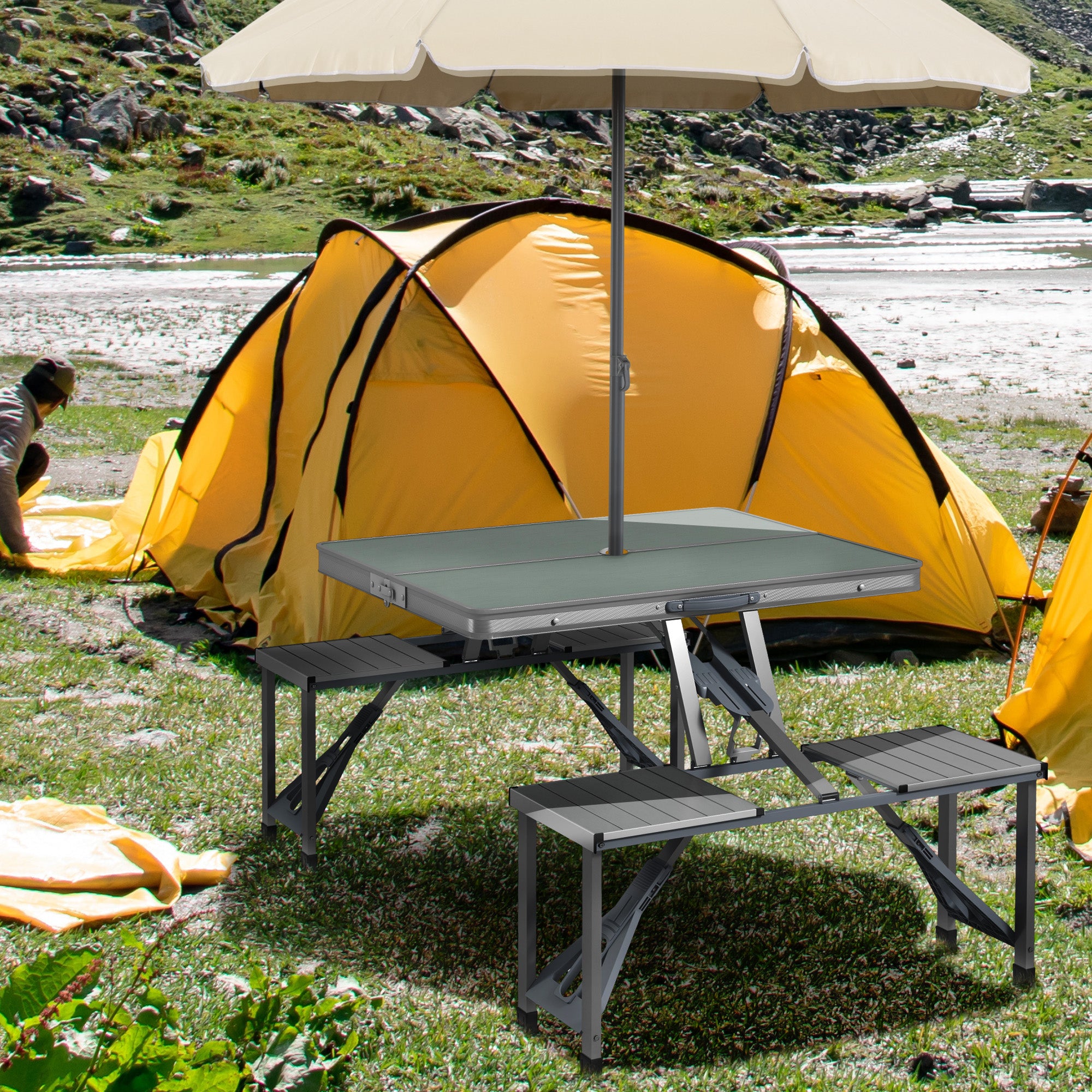 Outsunny Folding Picnic Table with 4 Seats and Umbrella Hole - Grey - North Peak Garden Furniture