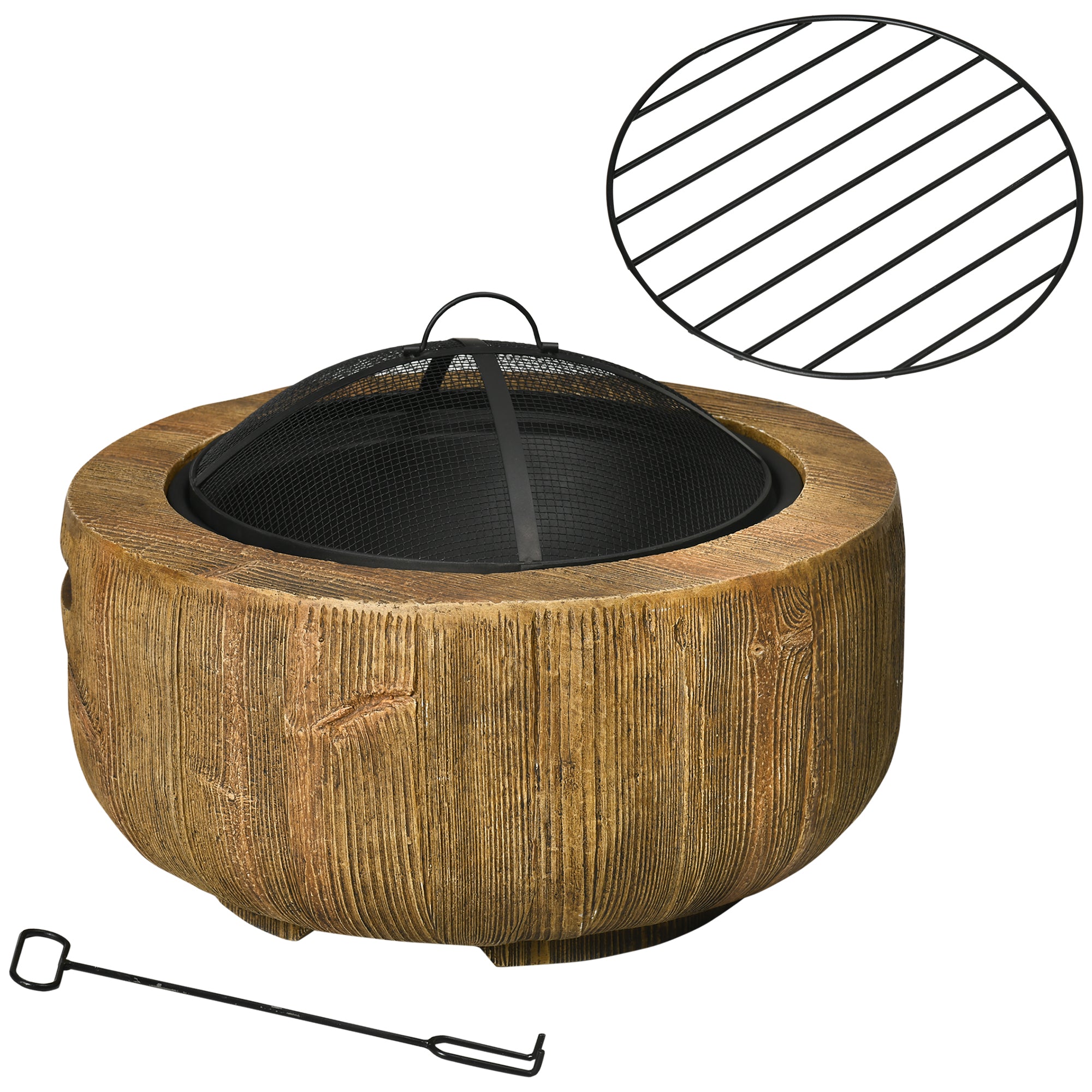 Outsunny Outdoor Fire Pit, 61.5 cm Metal Wood Burning Fireplace with Spark Cover, Poker, Woodgrain Design