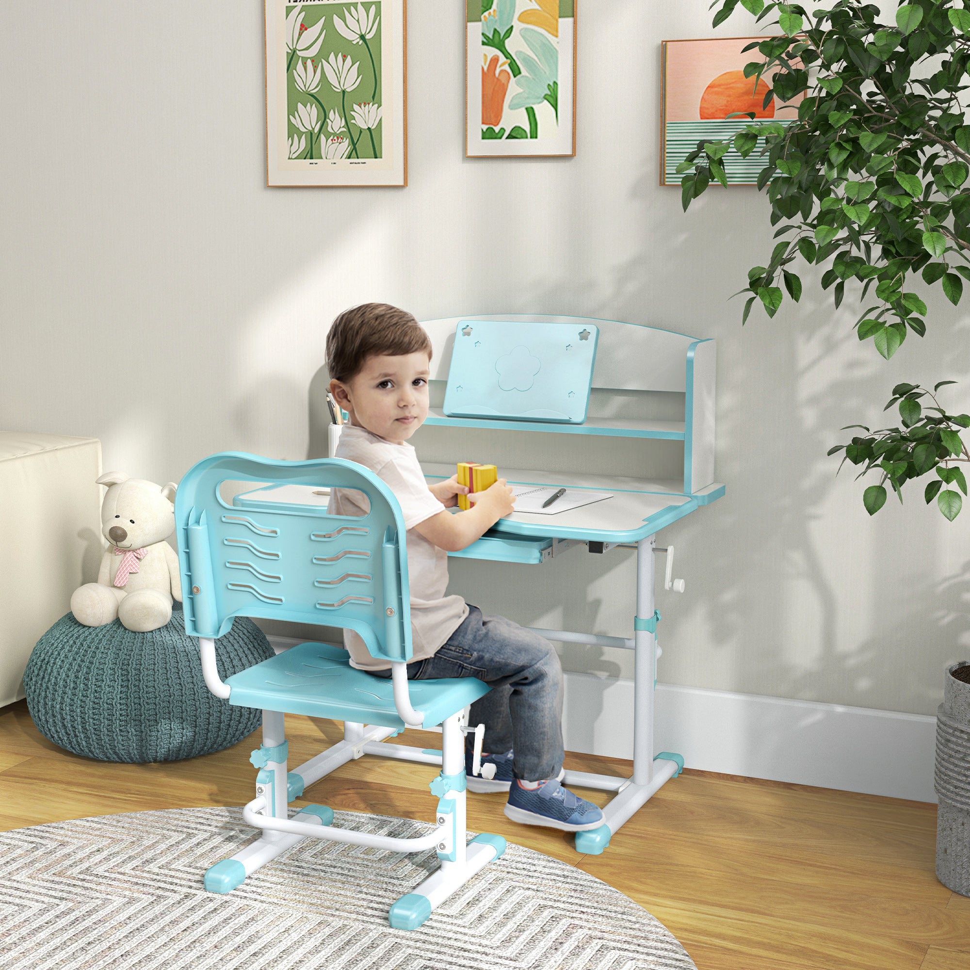 ZONEKIZ Height Adjustable Kids Study Table and Chair Set, with Drawer, Storage Shelf, 80 x 54.5 x 104 cm, Blue - North Peak Garden Furniture