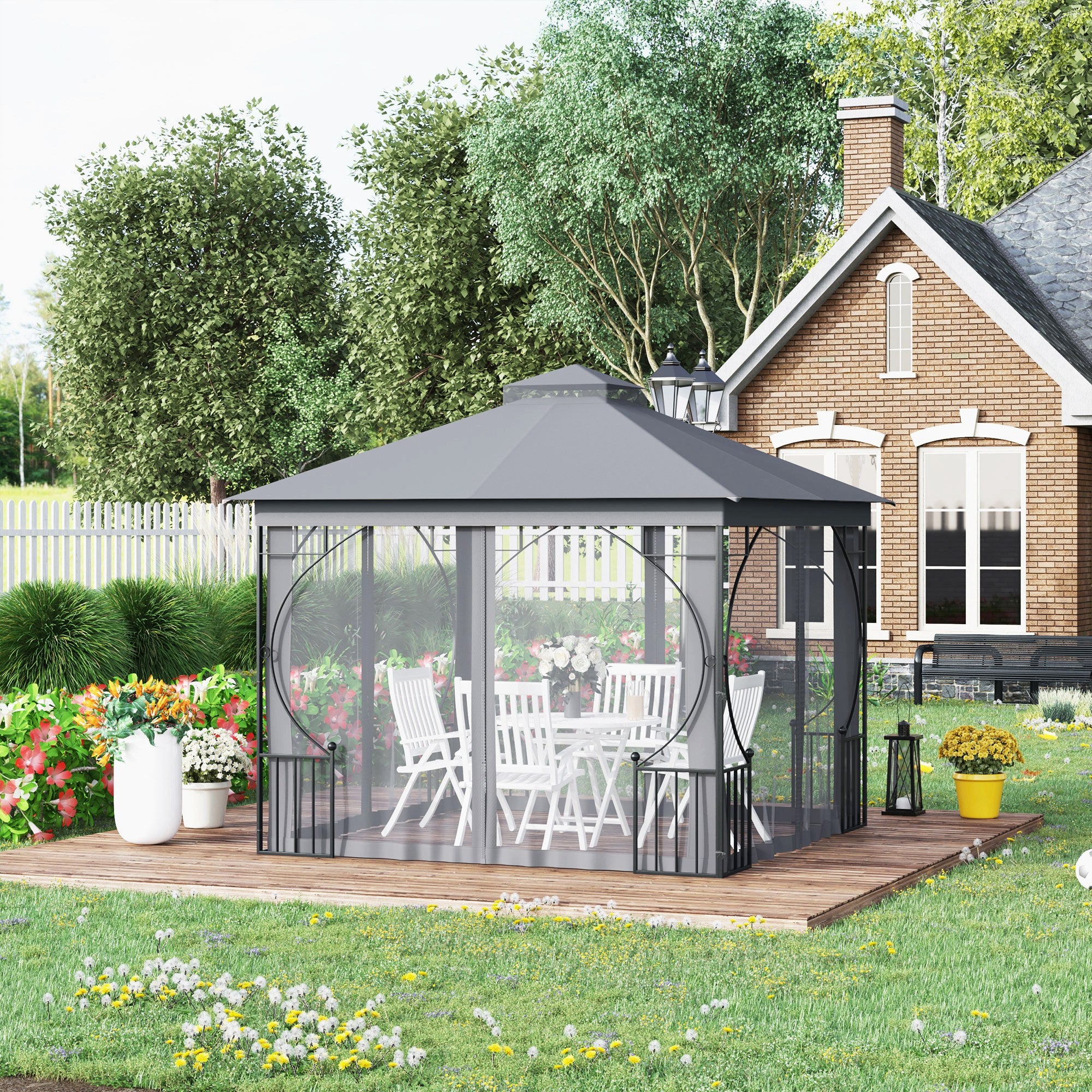 Outsunny 3 x 3(m) Garden Gazebo Patio Party Tent Shelter Outdoor Canopy Double Tier Sun Shade Metal Frame Netting Light Grey - North Peak Garden Furniture