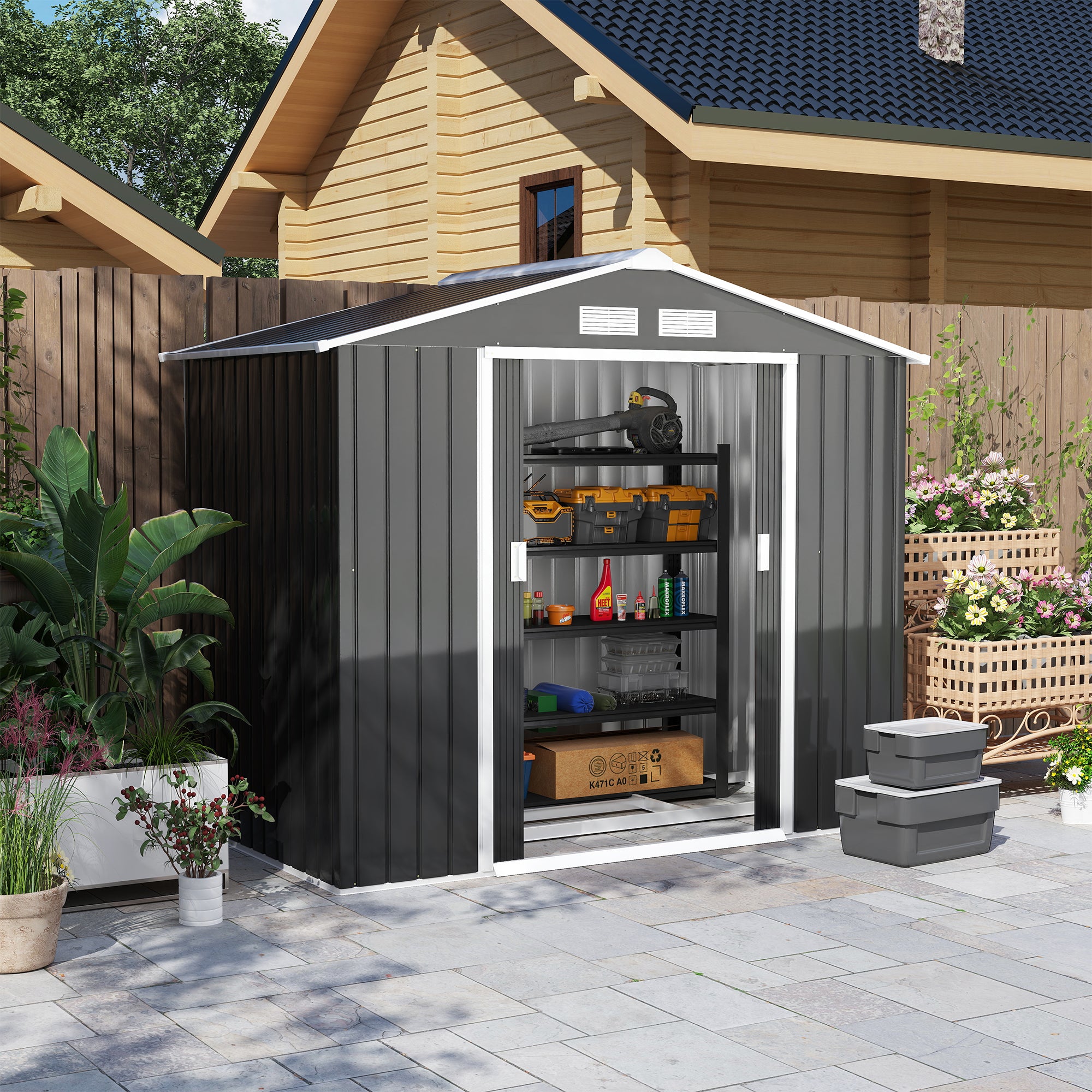 Outsunny 7 x 4ft Metal Garden Shed, Outdoor Storage Tool House with Ventilation Slots, Foundation Kit and Lockable Double Doors, Dark Grey - North Peak Garden Furniture