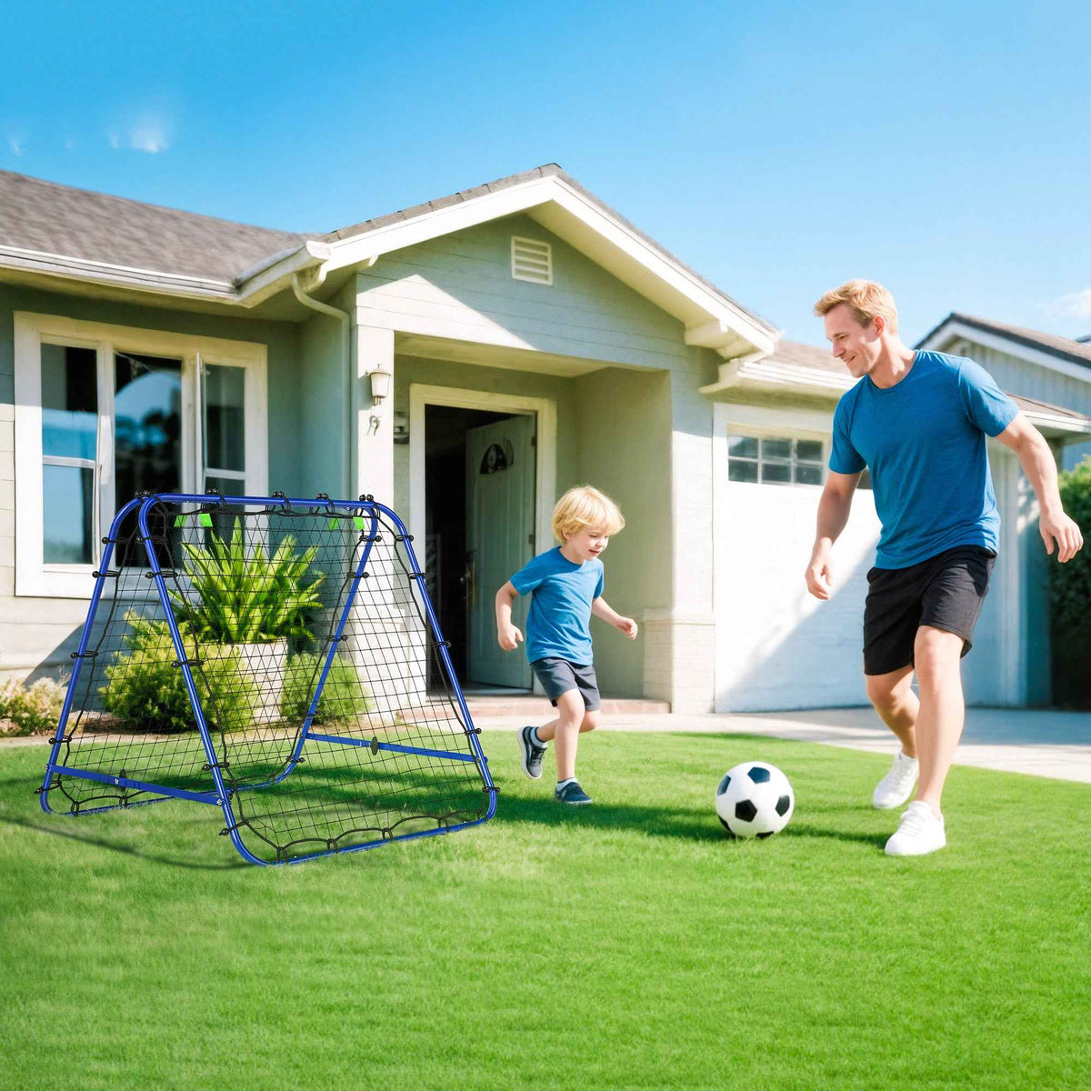HOMCOM Double Sided Football Rebounder Net, Football Rebound Goal with 5 Adjustable Angles, Blue