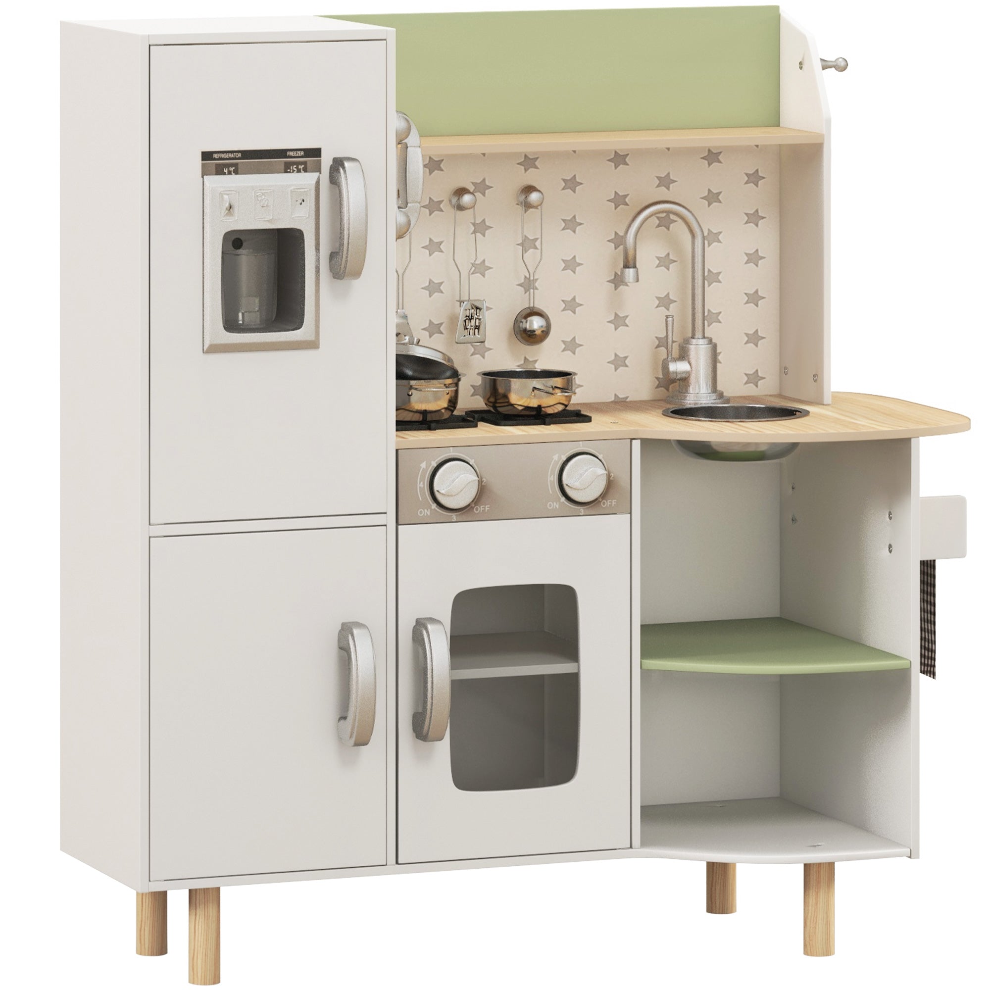 AIYAPLAY Toy Kitchen, Kids Play Kitchen, Role Playing Game with Phone, Ice Maker, Stove, Utensils, for 3-6 Years, White - North Peak Garden Furniture
