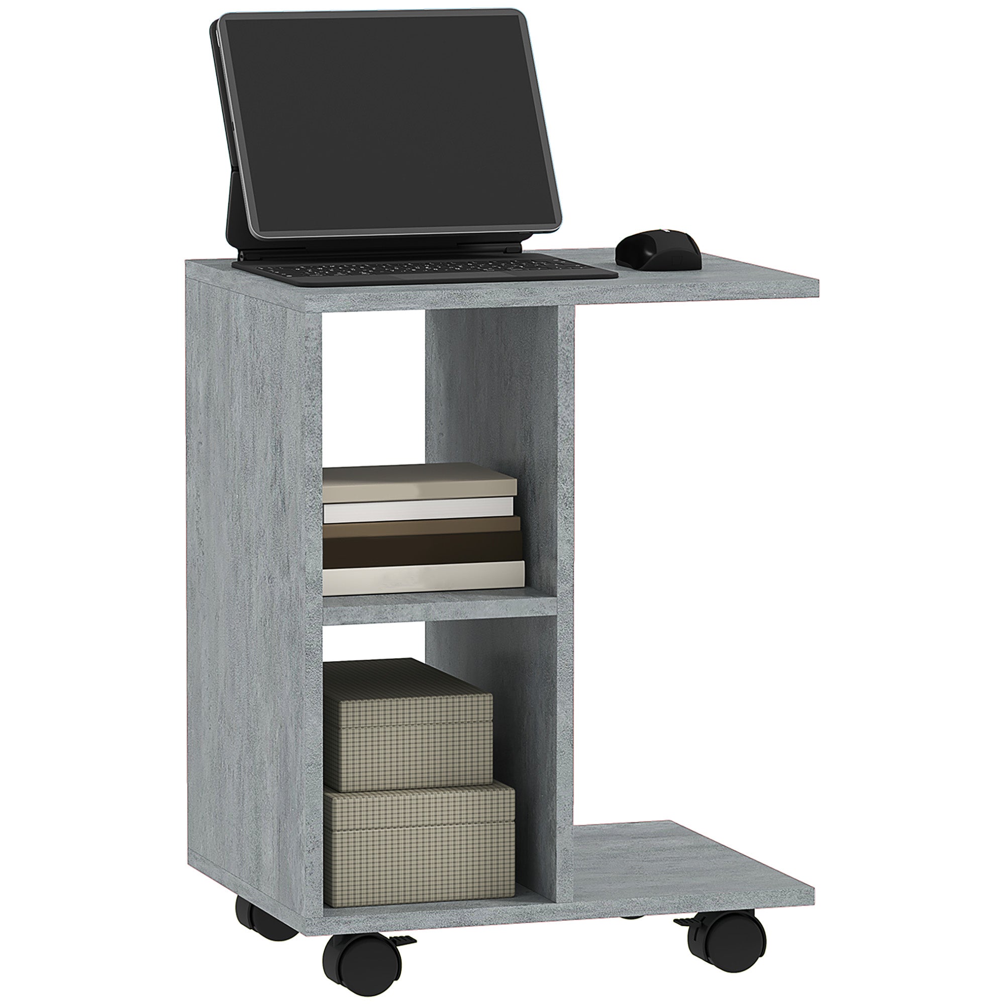 HOMCOM C-Shape End Table Unique Storage Unit w/ 2 Shelves 4 Wheels Freestanding Home Office Furniture Cabinet Square Studio Grey - North Peak Garden Furniture