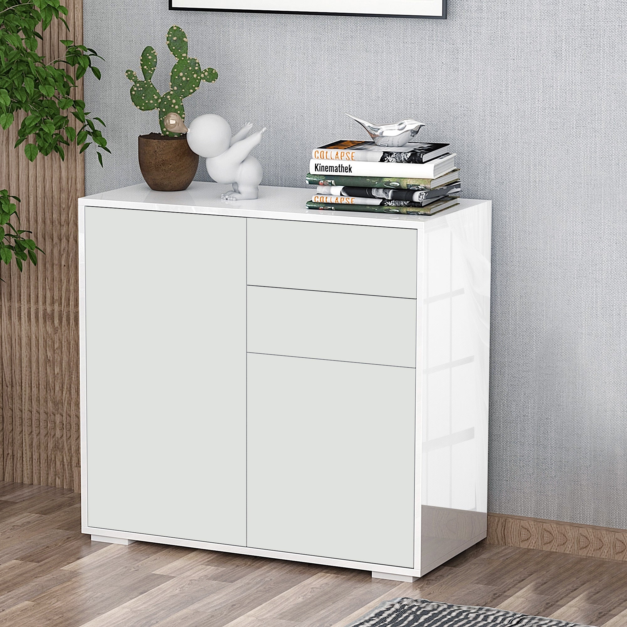 HOMCOM High Gloss Frame Sideboard, Side Cabinet, Push-Open Design with 2 Drawer for Living Room, Bedroom, White - North Peak Garden Furniture