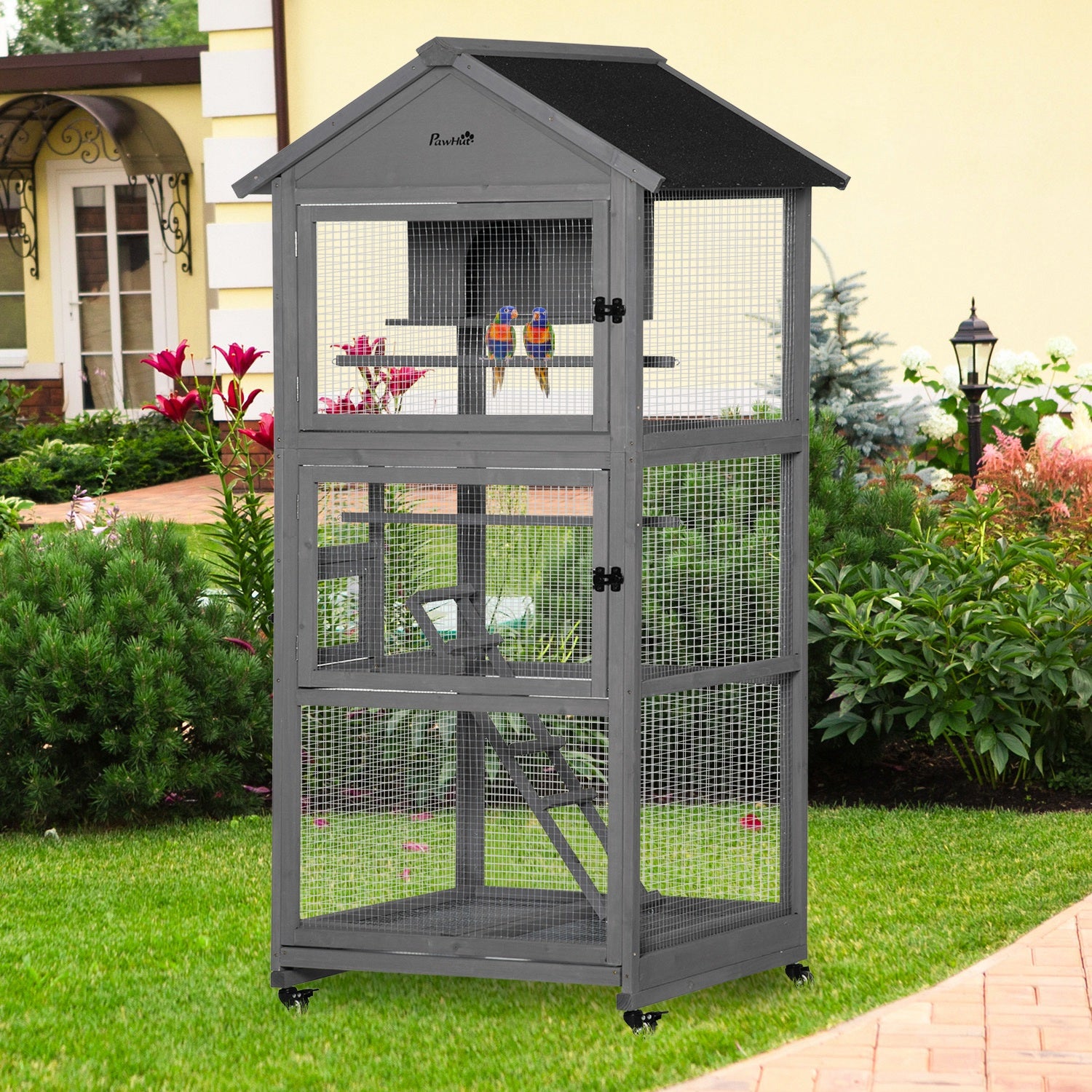 PawHut Bird Cage budgie cage Wooden Outdoor Aviary with Wheels for Canary Finch with Asphalt Roof Perch Nest Ladder Slide-out Tray, Grey - North Peak Garden Furniture
