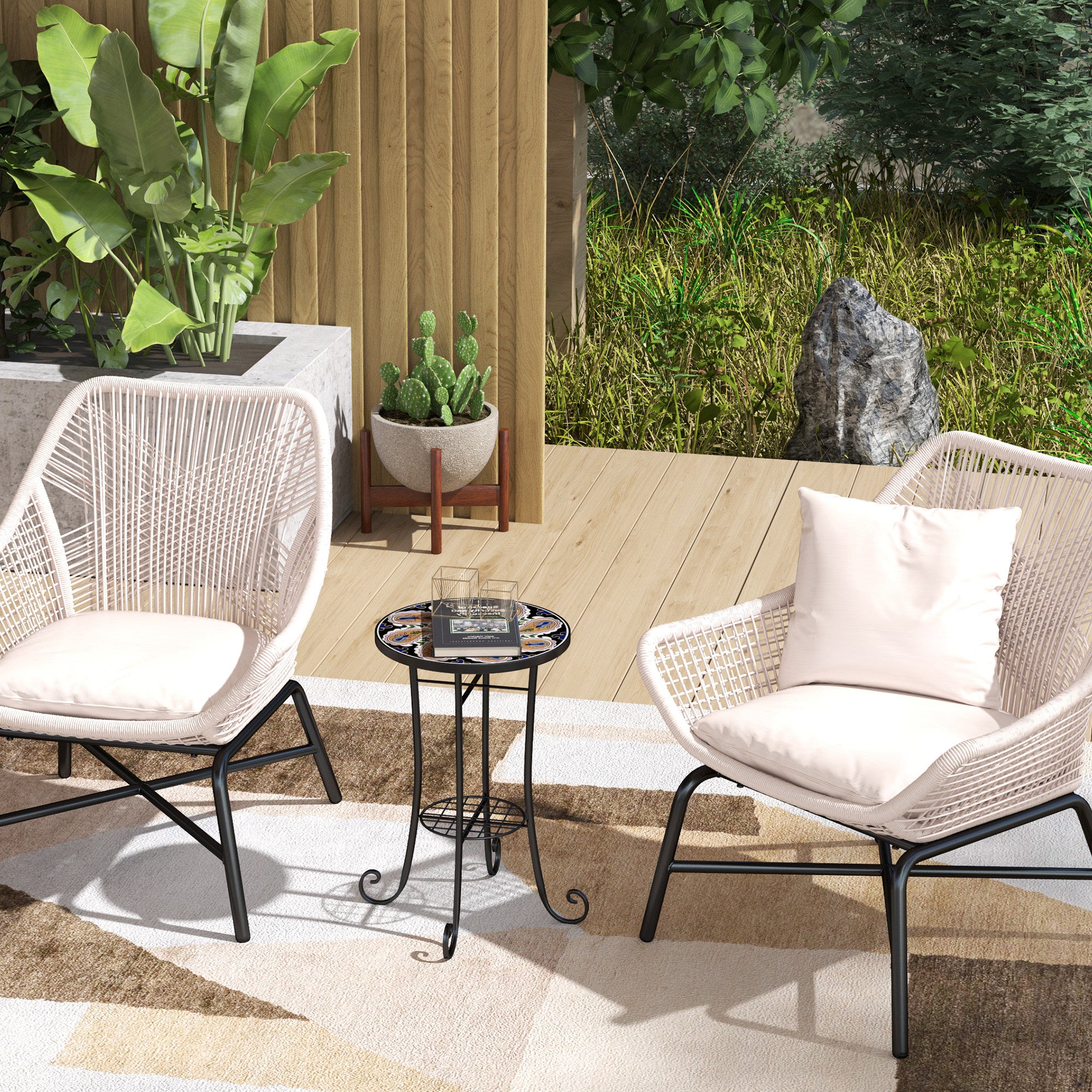 Outsunny Mosaic Garden Table, 35.5 cm Round Outdoor Table with Shelf, Ceramic Tile Top, Small Garden Side Table Bistro Table End Table Plant Stand for Indoor, Patio, Balcony, Orange - North Peak Garden Furniture