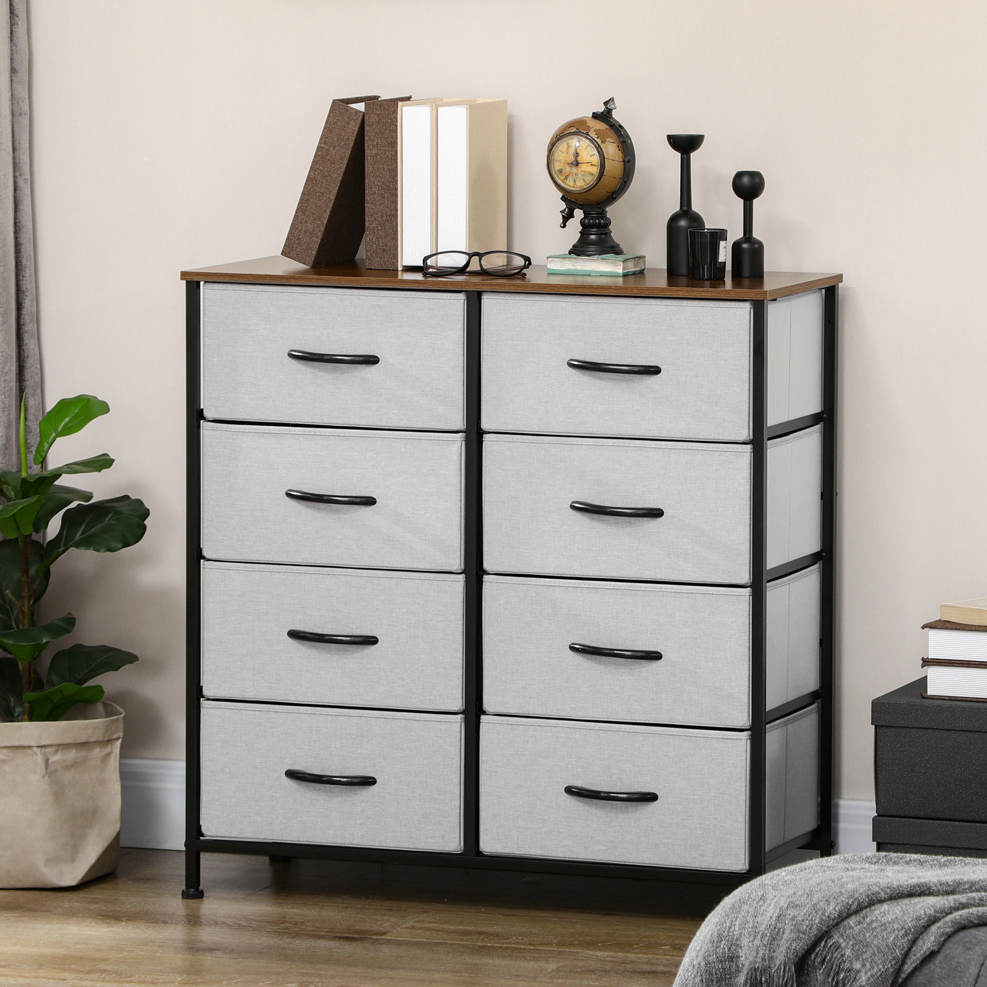 HOMCOM Fabric Chest of Drawers, Storage Drawers, Industrial Bedroom Dresser with 8 Fabric Drawers, Steel Frame and Wooden Top for Nursery, Living Room, Hallway, Grey - North Peak Garden Furniture