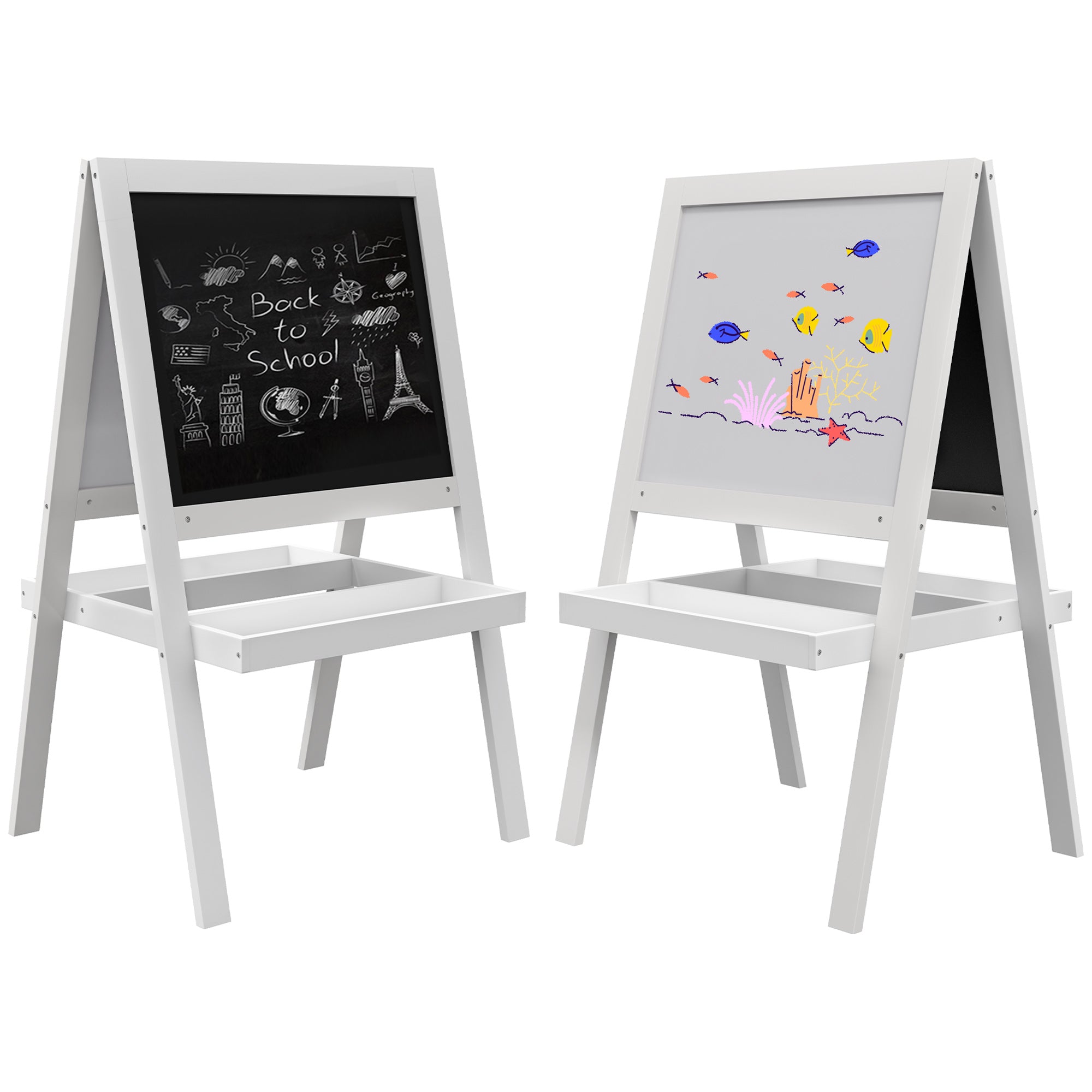 AIYAPLAY Kids Easel, Art Easel with Double Sided Whiteboard, Chalkboard, Storage, 2 in 1 Standing Easel for Toddlers 18-48 Months, White - North Peak Garden Furniture