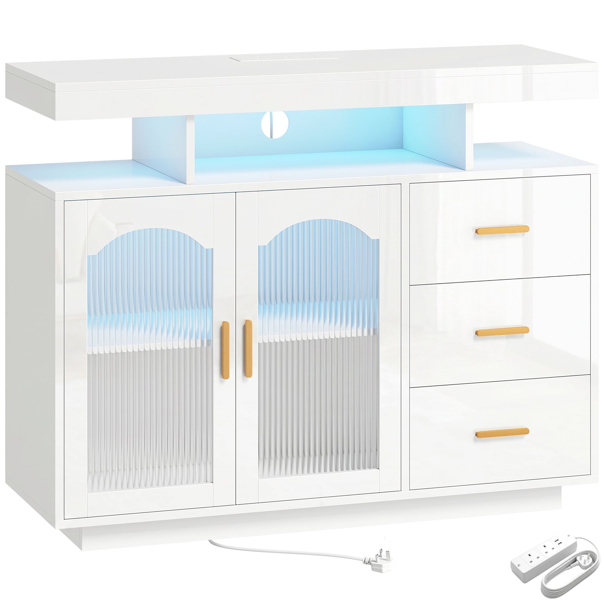 HOMCOM High Gloss Sideboard with LED Lights, Built-in Power Outlets, 3 Drawers, Shelves and 2 Acrylic Doors, White
