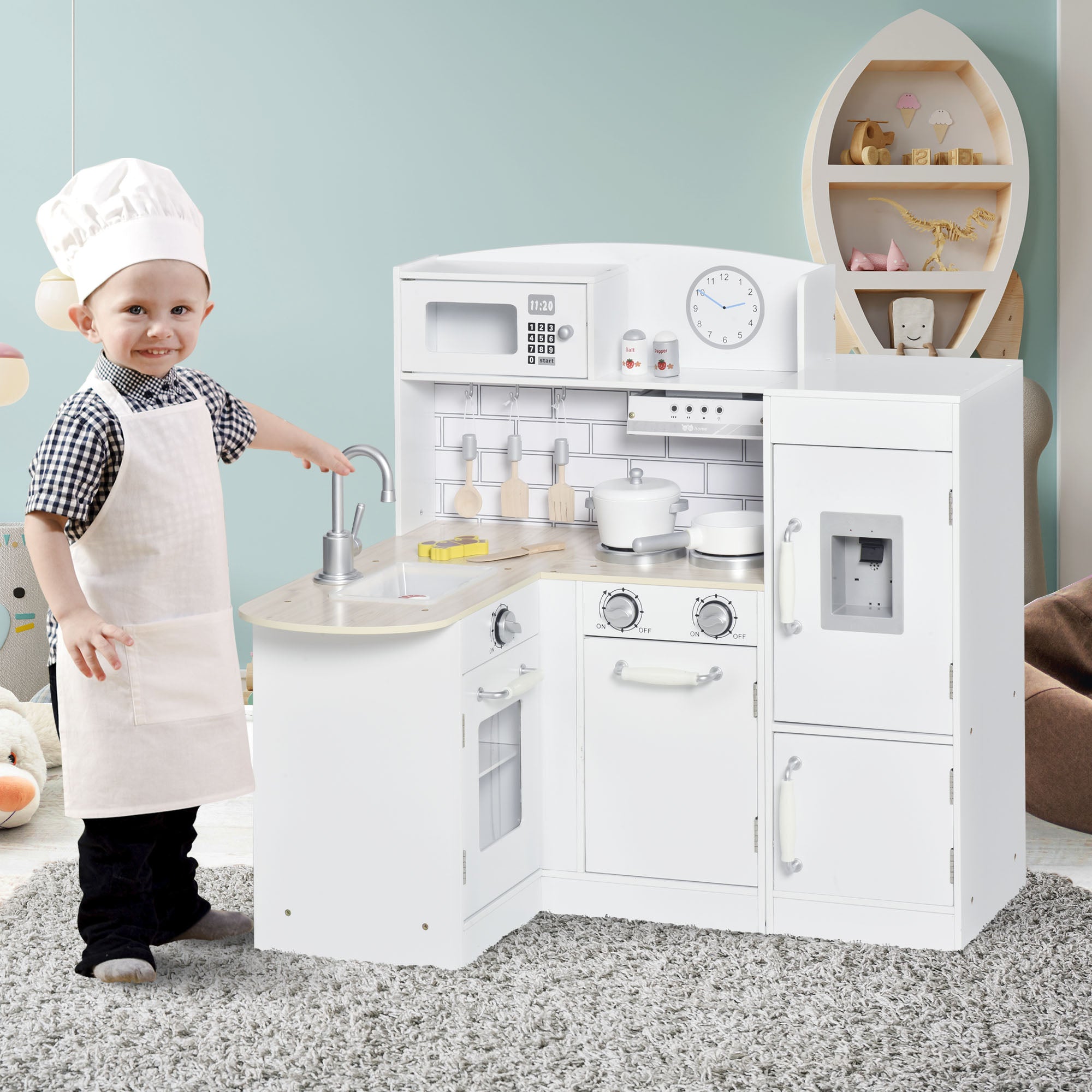 HOMCOM Kids Play Kitchen Wooden Toy Kitchen Cooking Set for Children with Drinking Fountain, Microwave, and Fridge White - North Peak Garden Furniture