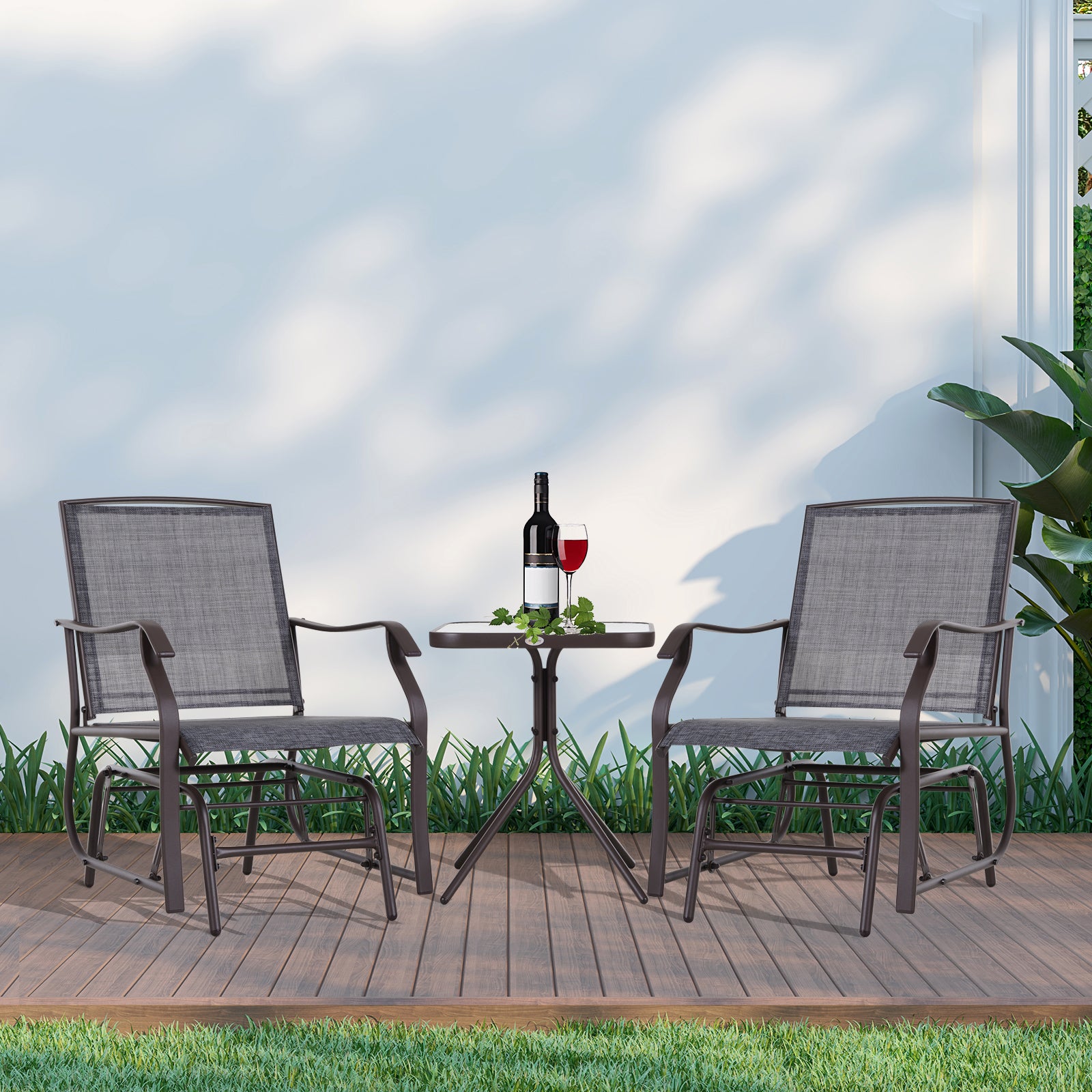 Outsunny Glider Rocking Chair & Table Set 2 Single Seaters Rocker Garden Swing Chair Patio Furniture Bistro Set Grey - North Peak Garden Furniture