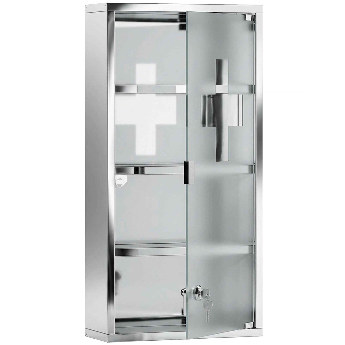 HOMCOM 4 Tier Stainless Steel Wall Mounted Medicine Cabinet Glass Lockable Door Storage Shelves Houseware Bathroom Furniture 60Hx30Wx12D(cm) w/2 Keys
