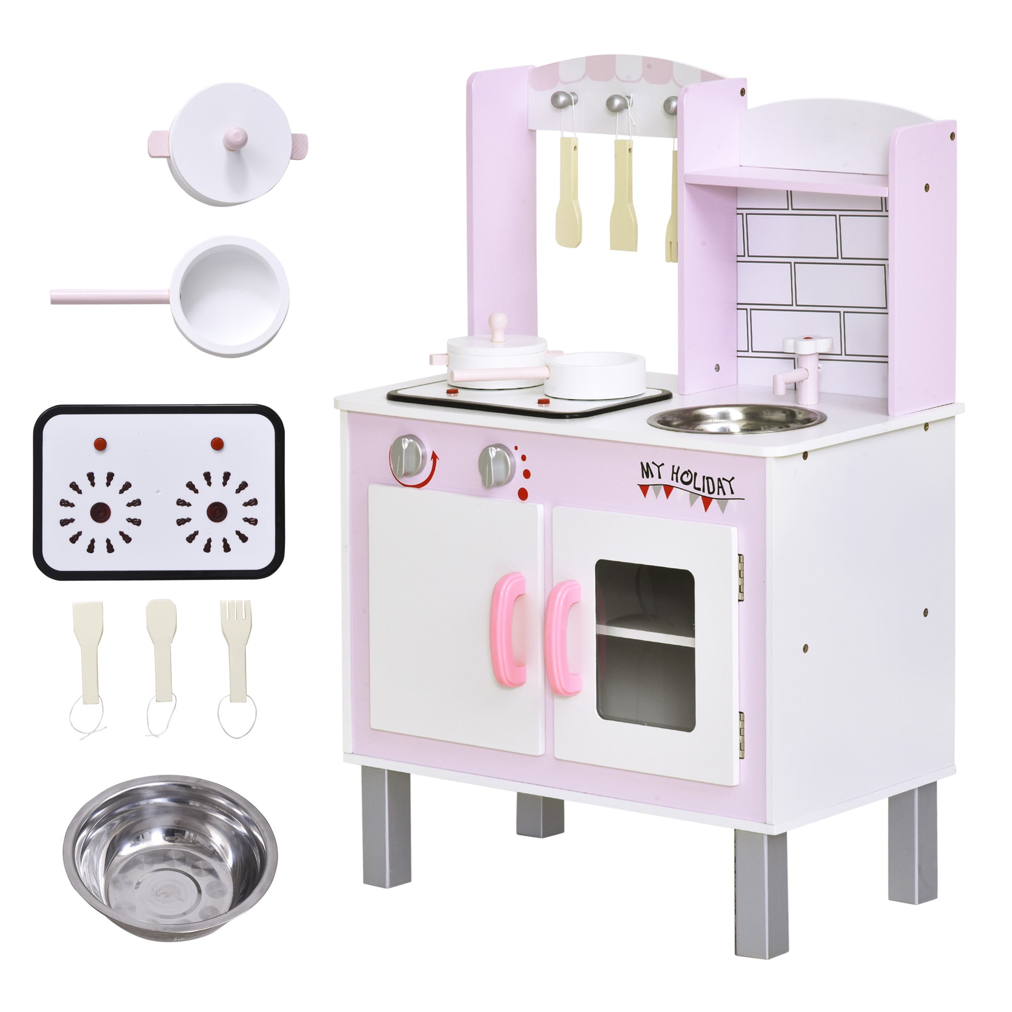 HOMCOM Kids Pretend Kitchen Playset w/ Cooking Toy Accessories - Pink - North Peak Garden Furniture