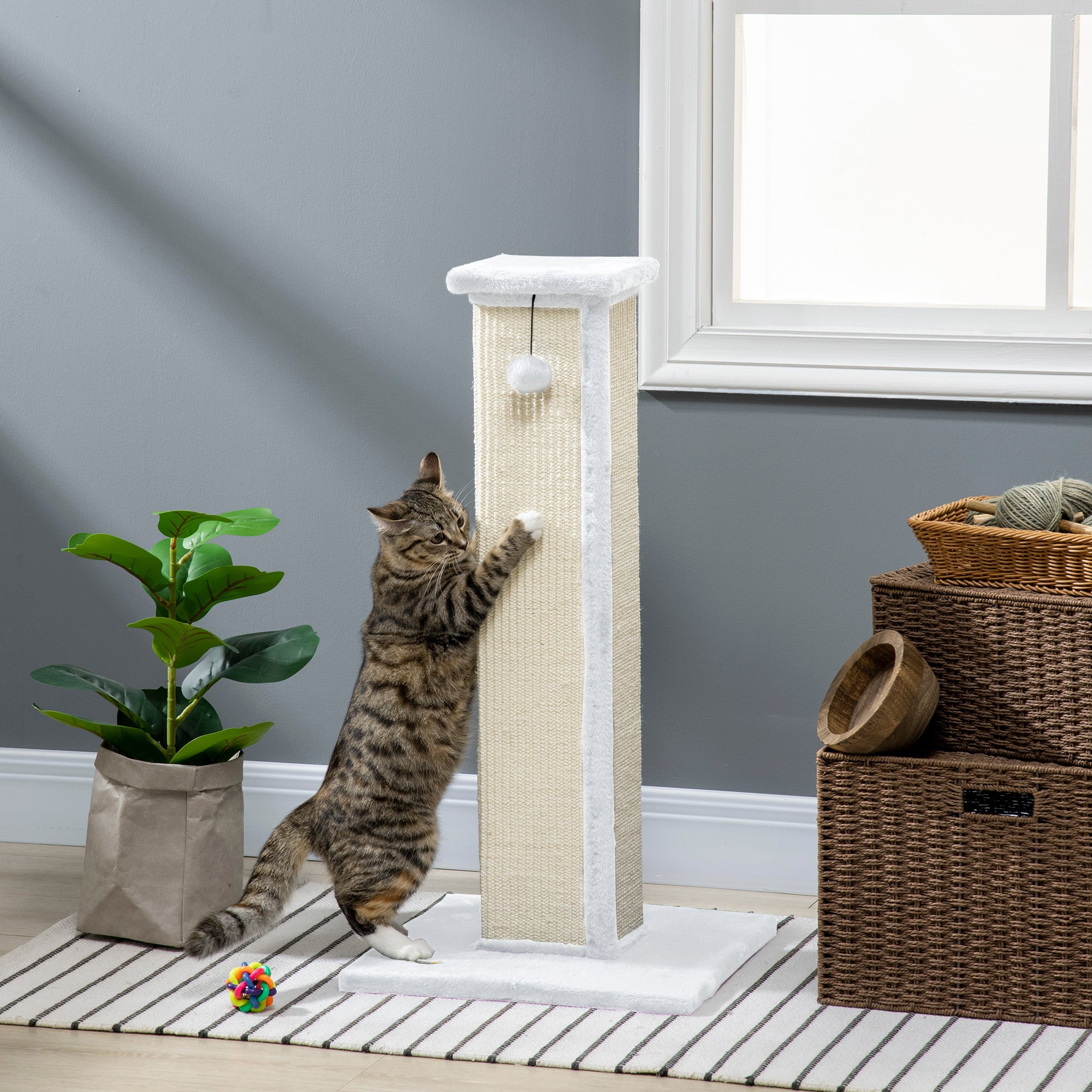 PawHut 81cm Cat Scratcher, Vertical Full Scratcher w/ Natural Sisal Rope, Hanging Ball, Soft Plush - White - North Peak Garden Furniture