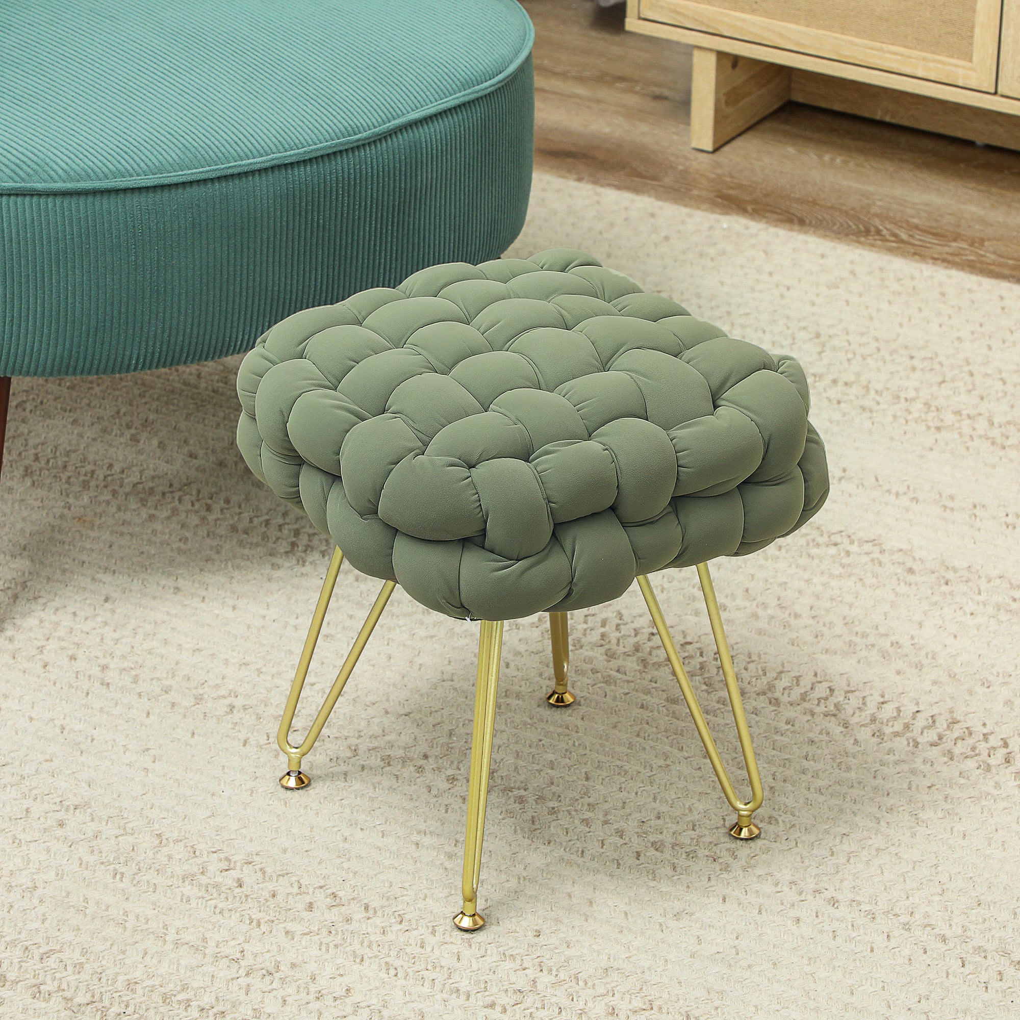 HOMCOM Velvet-Feel Bold Woven Footstool - Green - North Peak Garden Furniture