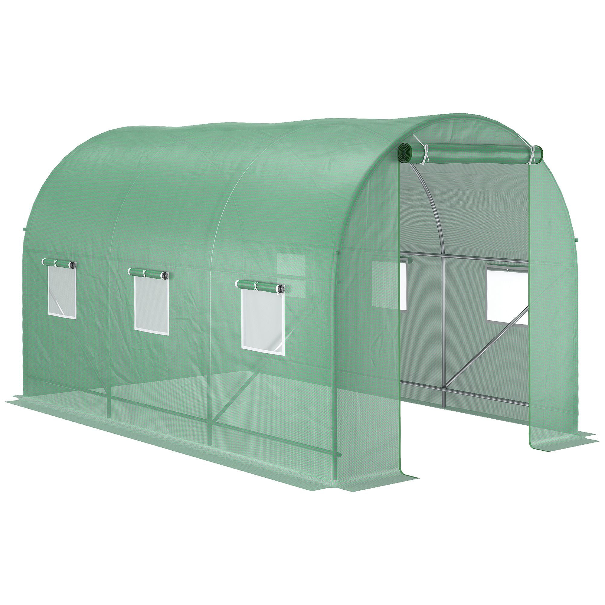 Outsunny 3.5 x 2m Walk-In Polytunnel Greenhouse, with Steel Frame, PE Cover, Roll-Up Door and 6 Windows, Green - North Peak Garden Furniture