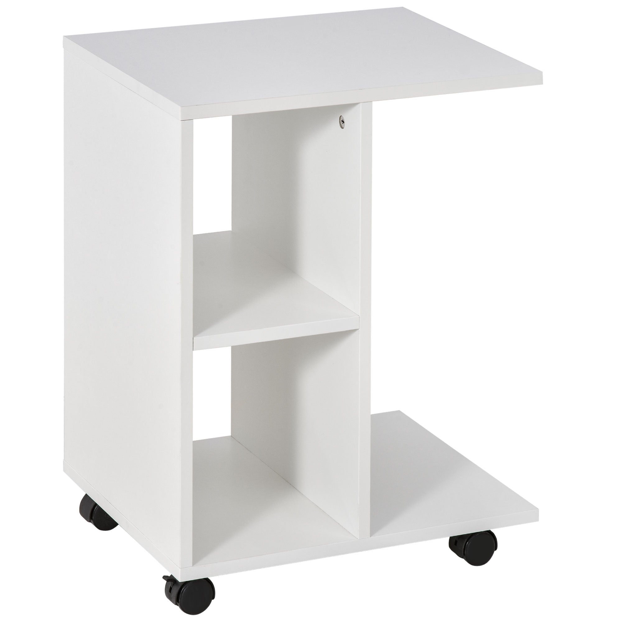 HOMCOM C-Shape End Table Unique Storage Unit w/ 2 Shelves 4 Wheels Freestanding Home Furniture Cabinet Square White - North Peak Garden Furniture
