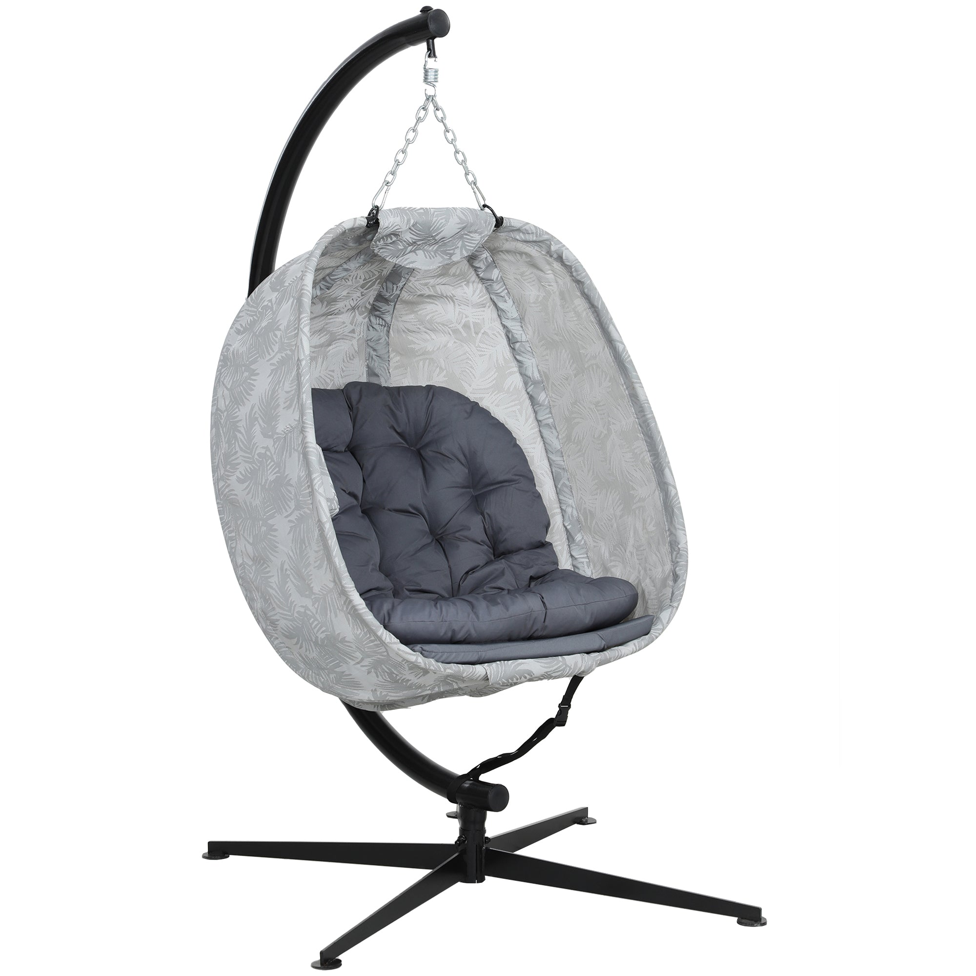 Outsunny Hanging Egg Chair Outdoor Indoor Garden Swing Chair with Folding Basket, Garden Hanging Chair with Stand, Thickened Cushion, Cup Holder for Patio, Balcony, Grey - North Peak Garden Furniture