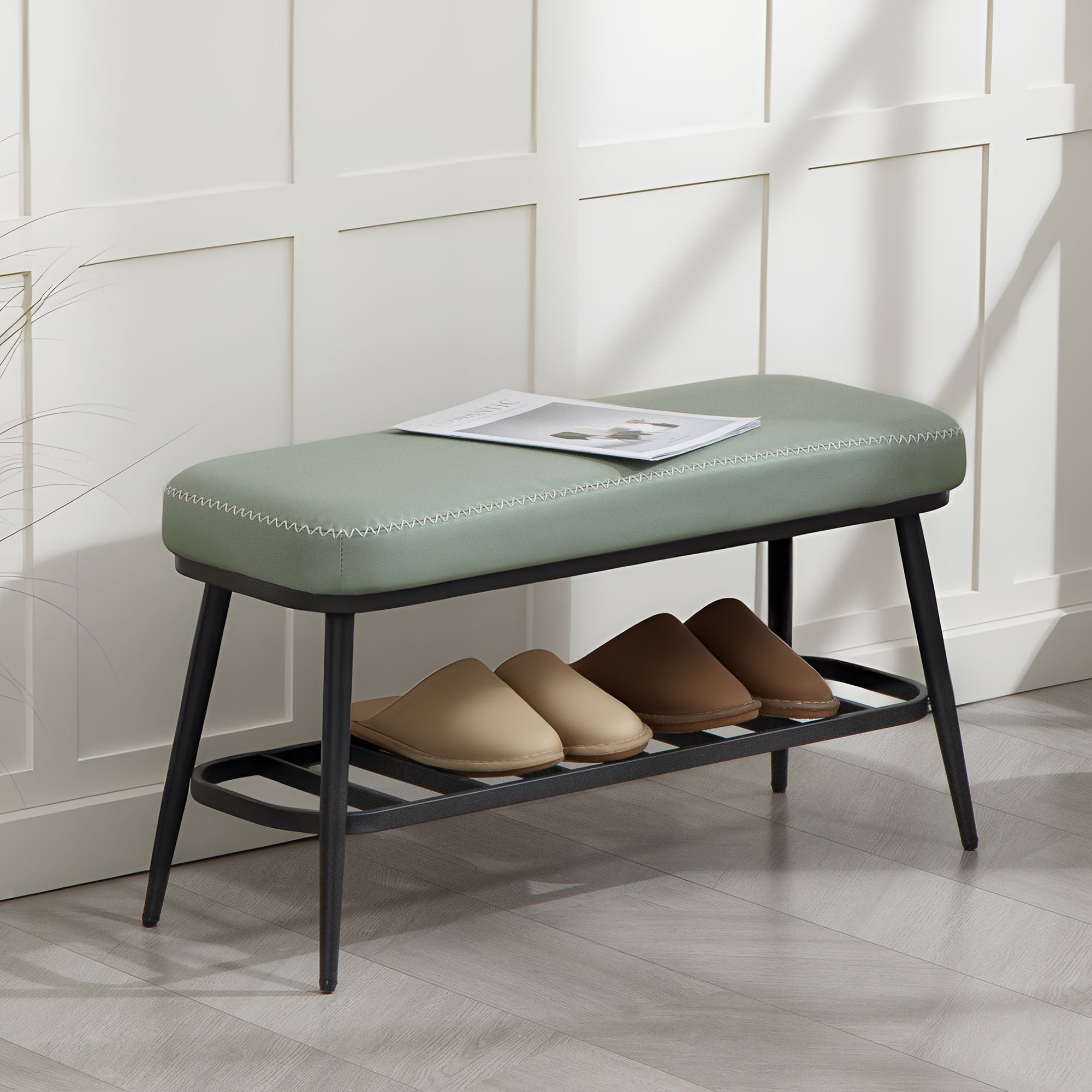 HOMCOM PU Leather Shoe Storage Bench - Green