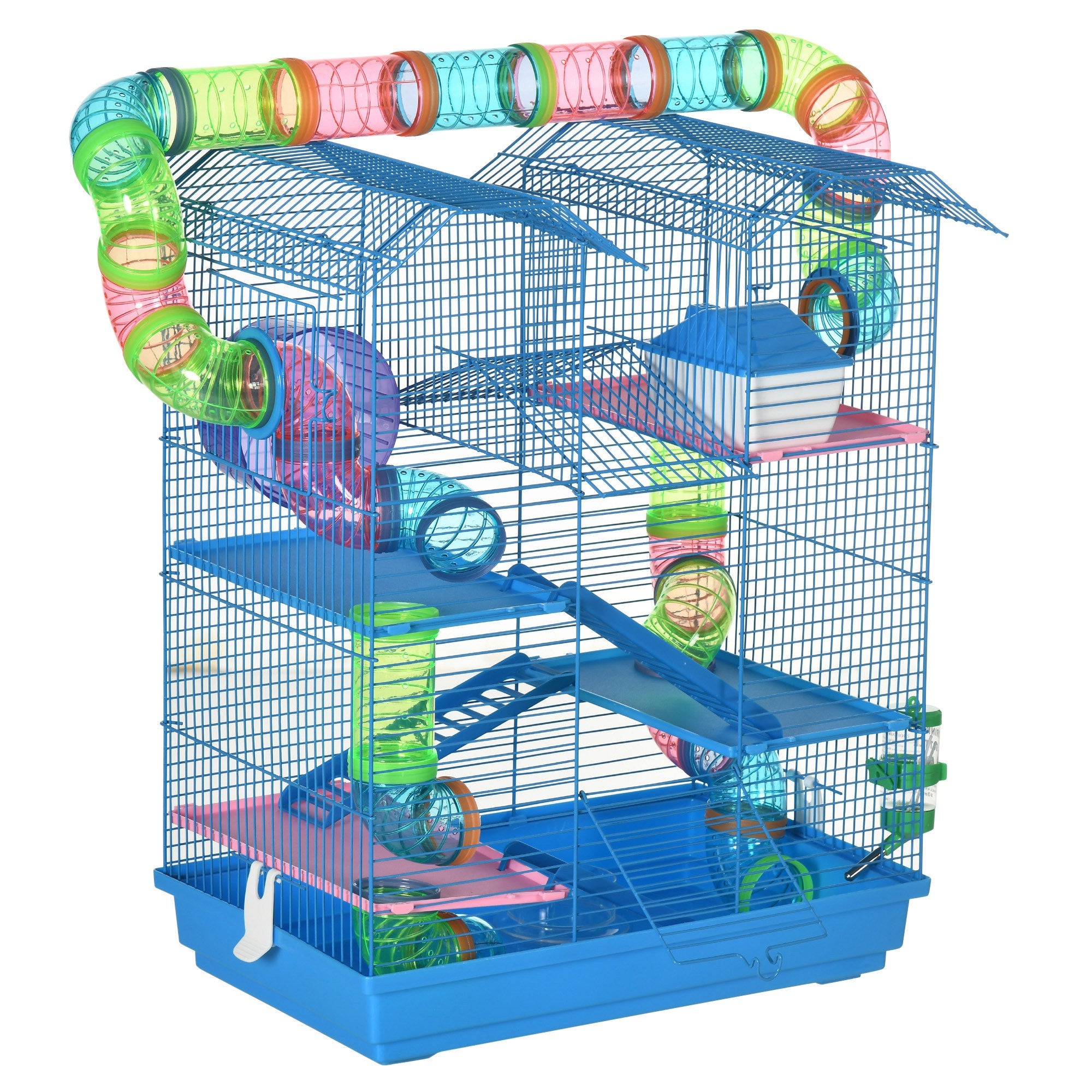 PawHut 5 Tier Hamster Cage Carrier Habitat with Exercise Wheels Tunnel Tube Water Bottle Dishes House Ladder for Dwarf Mice, Blue - North Peak Garden Furniture