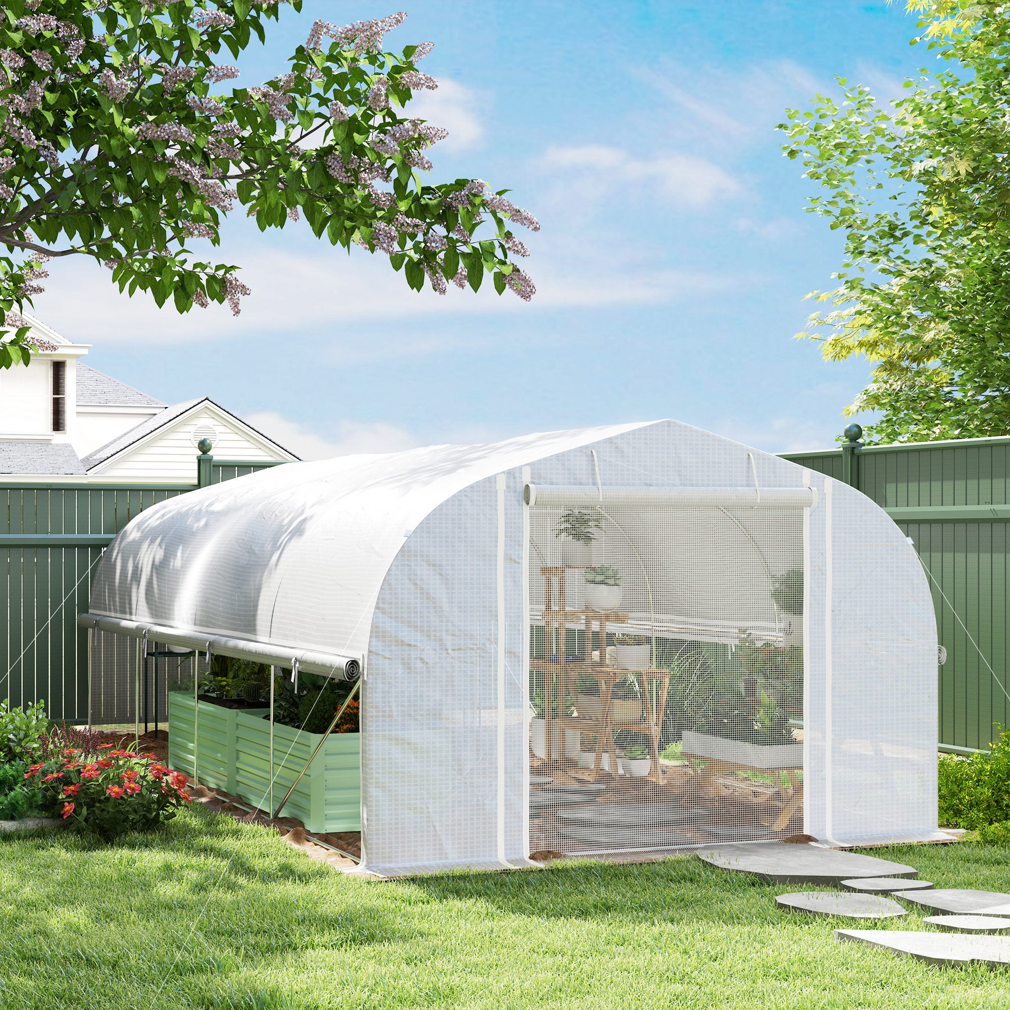 Outsunny 6 x 3 x 2m Walk-in Polytunnel Greenhouse, Zipped Roll Up Sidewalls, Mesh Door, 8 Mesh Windows, Tunnel Warm House Tent with PE Cover, Complimentary Plant Labels and Gloves, White - North Peak Garden Furniture