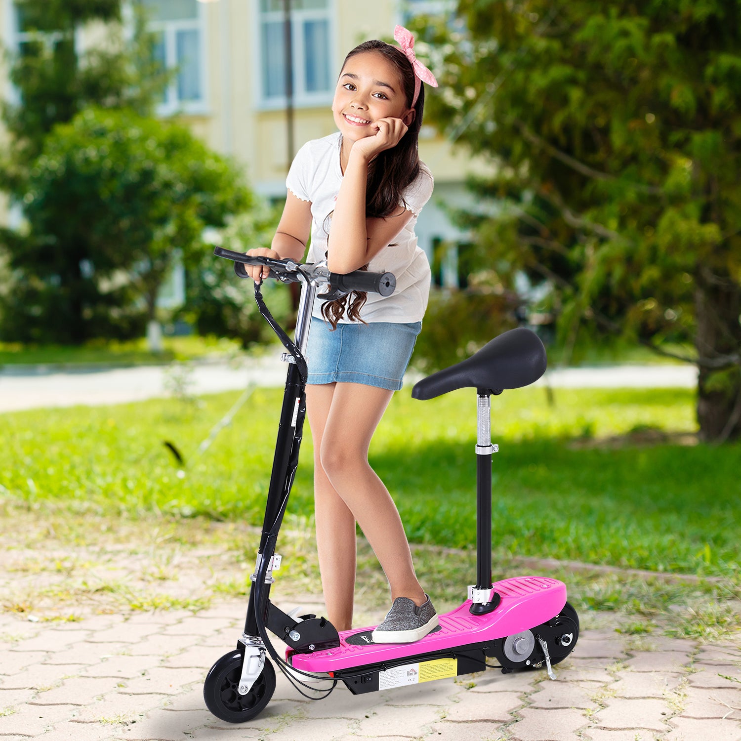 HOMCOM Foldable Electric Scooter Ride on for Kids 12V 120W W/Brake Kickstand-Pink - North Peak Garden Furniture