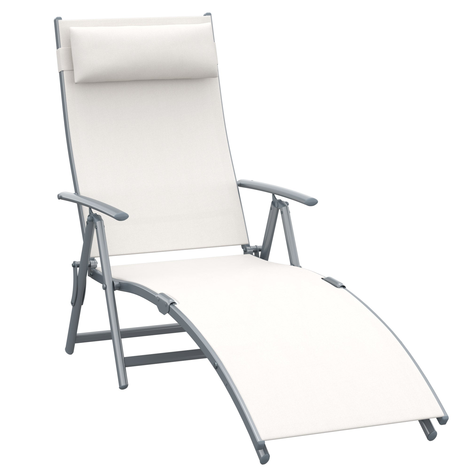 Outsunny Sun Lounger Steel Frame Outdoor Folding Chaise Texteline Lounge Chair Recliner with Headrest & 7 Levels Adjustable Backrest, Cream White - North Peak Garden Furniture