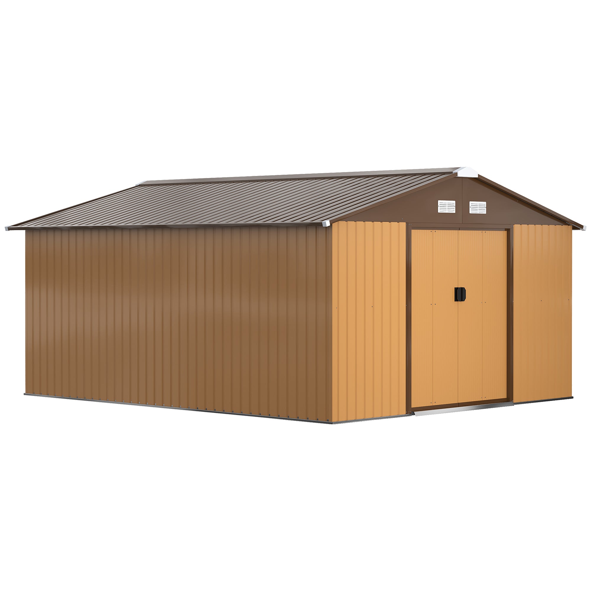 Outsunny 13 x 11ft Metal Garden Shed, Outdoor Storage Tool House with Ventilation Slots, Foundation Kit and Lockable Double Doors, Yellow - North Peak Garden Furniture