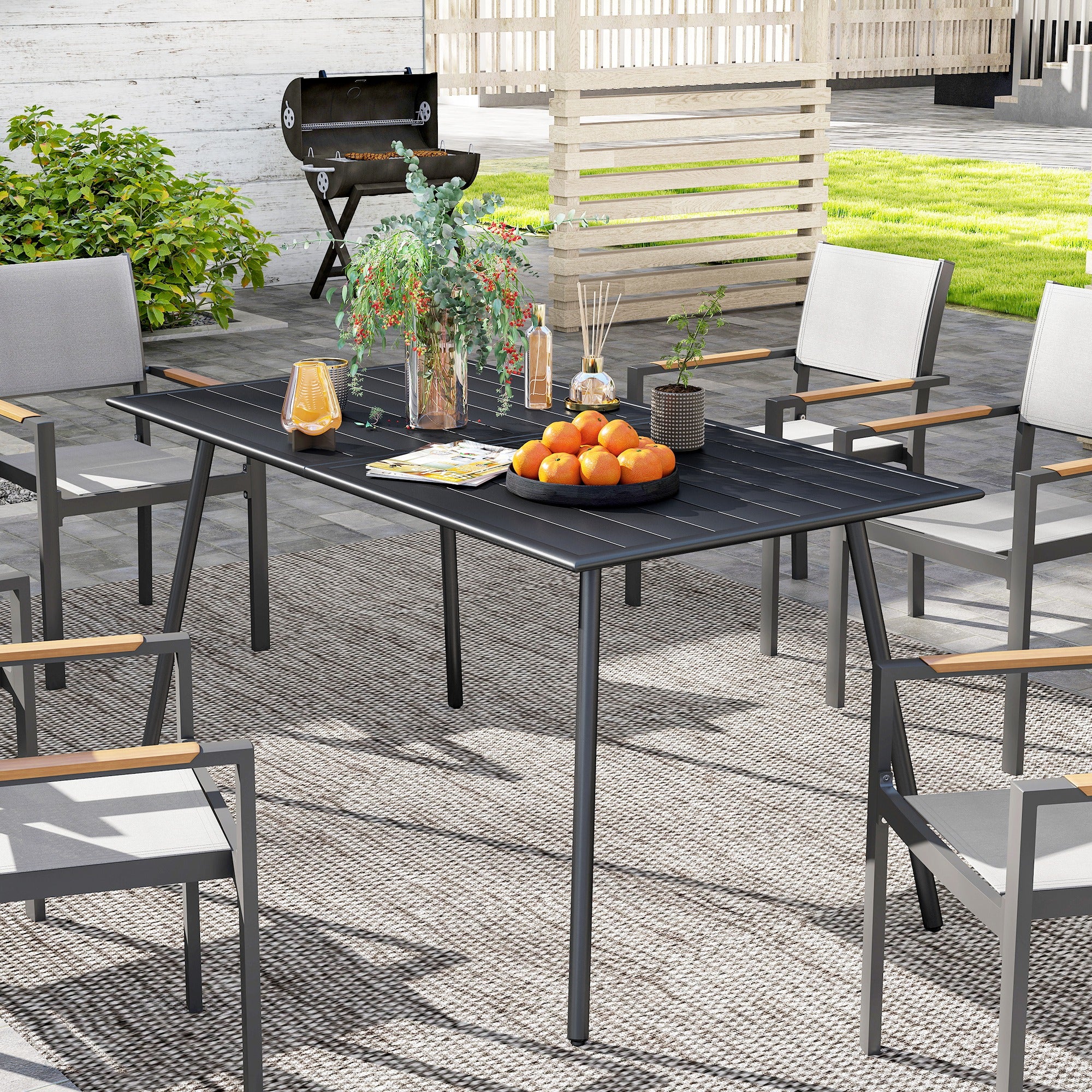 Outsunny Rectangle Garden Table with Slat Top, Steel Frame, Outdoor Table for 6 Person, 150 x 80 x 74 cm, Black - North Peak Garden Furniture