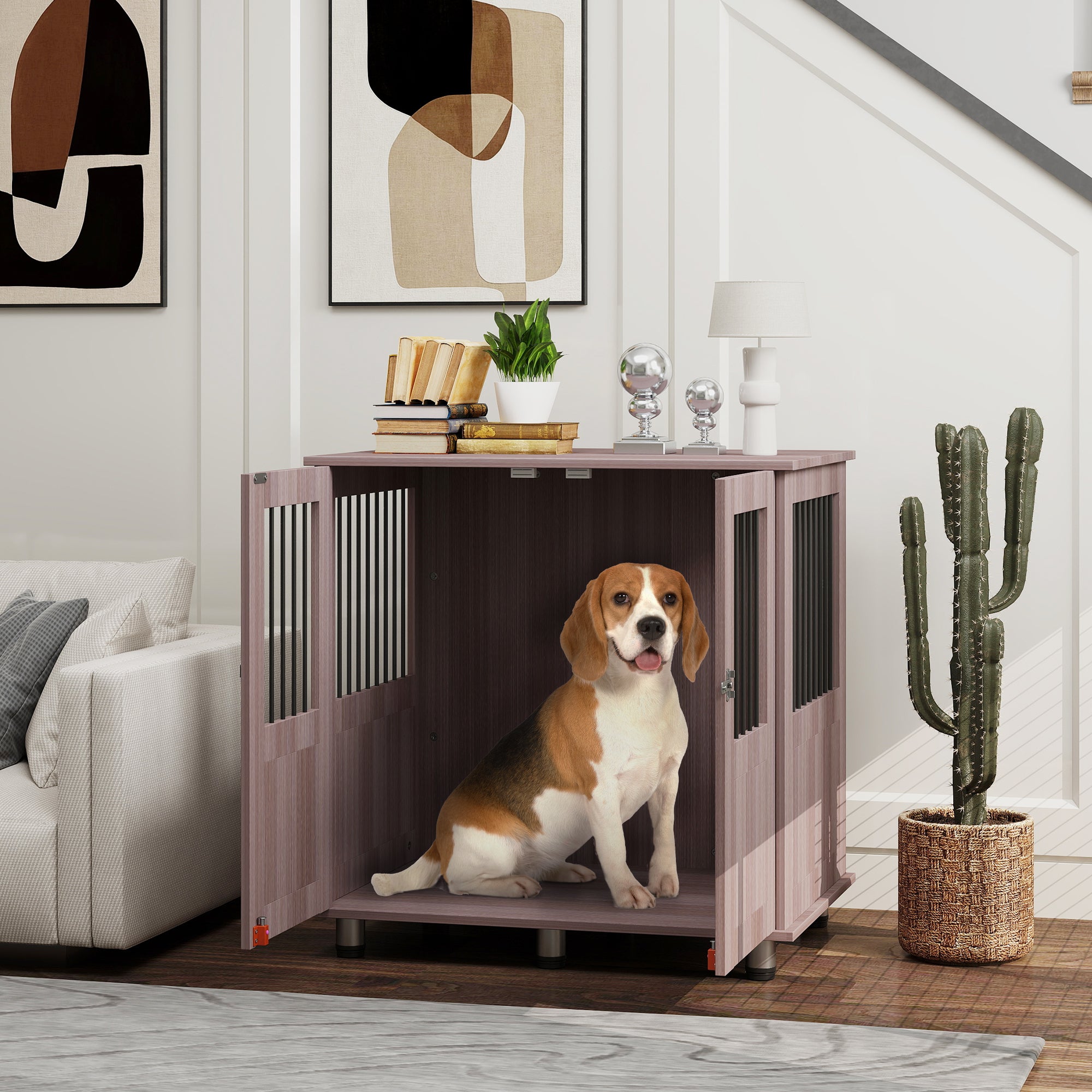PawHut Dog Crate Table for Medium and Large Dogs with Magnetic Door for Indoor Use, 85 x 55 x 75 cm, Purple - North Peak Garden Furniture