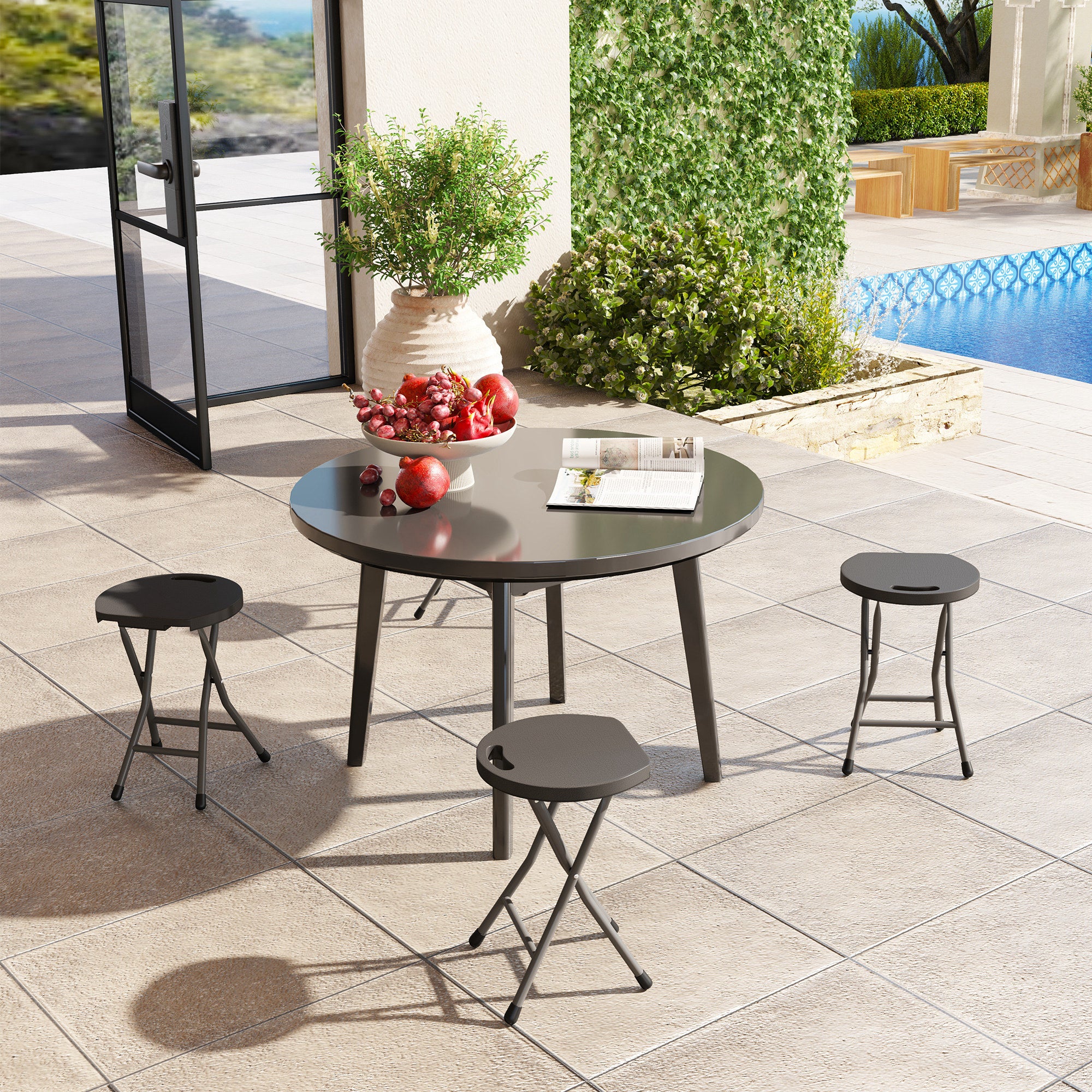 Outsunny Folding Stool Set of 4, Decorative Garden Stool Set with Safety Latch, Foldable Garden Stools with Powder-Coated Steel Legs HDPE Seat and Handle for Indoor and Outdoor, Charcoal Grey - North Peak Garden Furniture