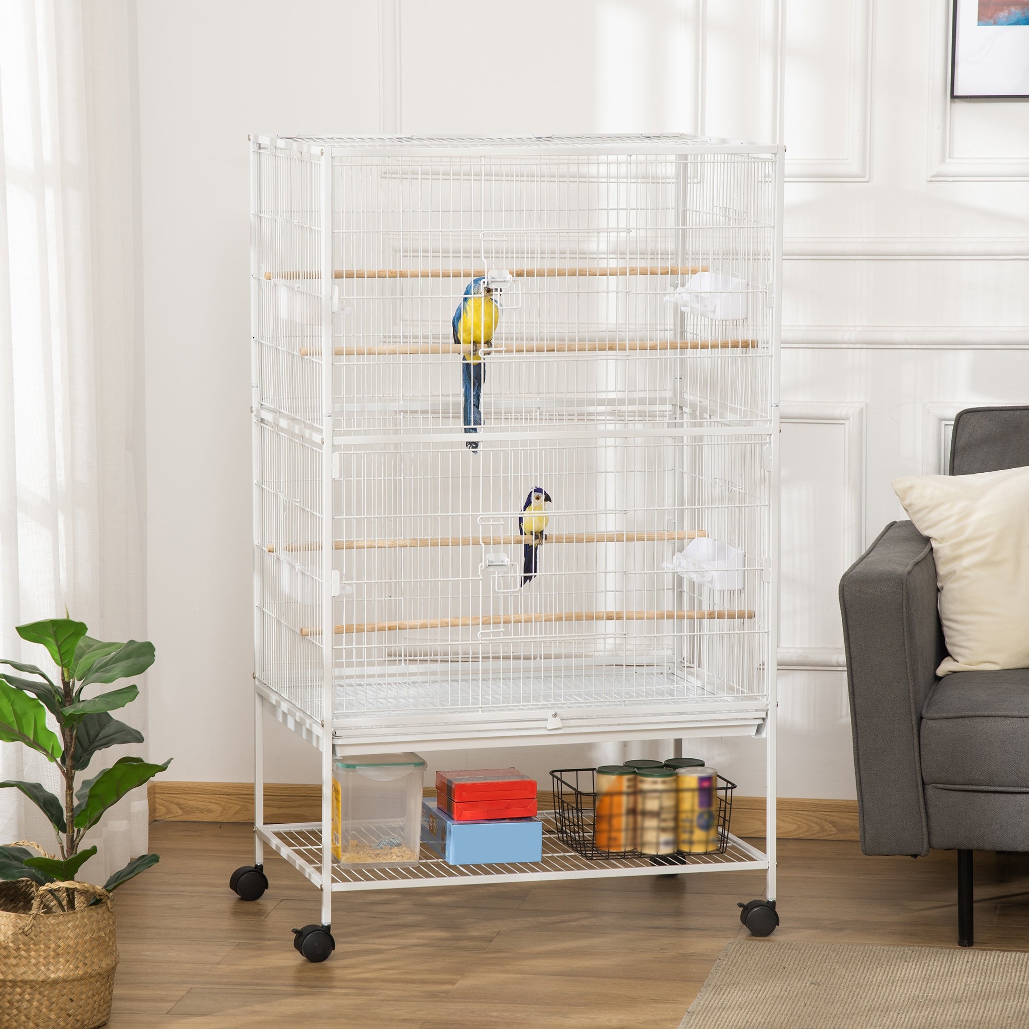 PawHut Large Bird Cage Budgie Cage for Finch Canaries Parakeet with Rolling Stand, Slide-out Tray, Storage Shelf, Food Containers, White - North Peak Garden Furniture
