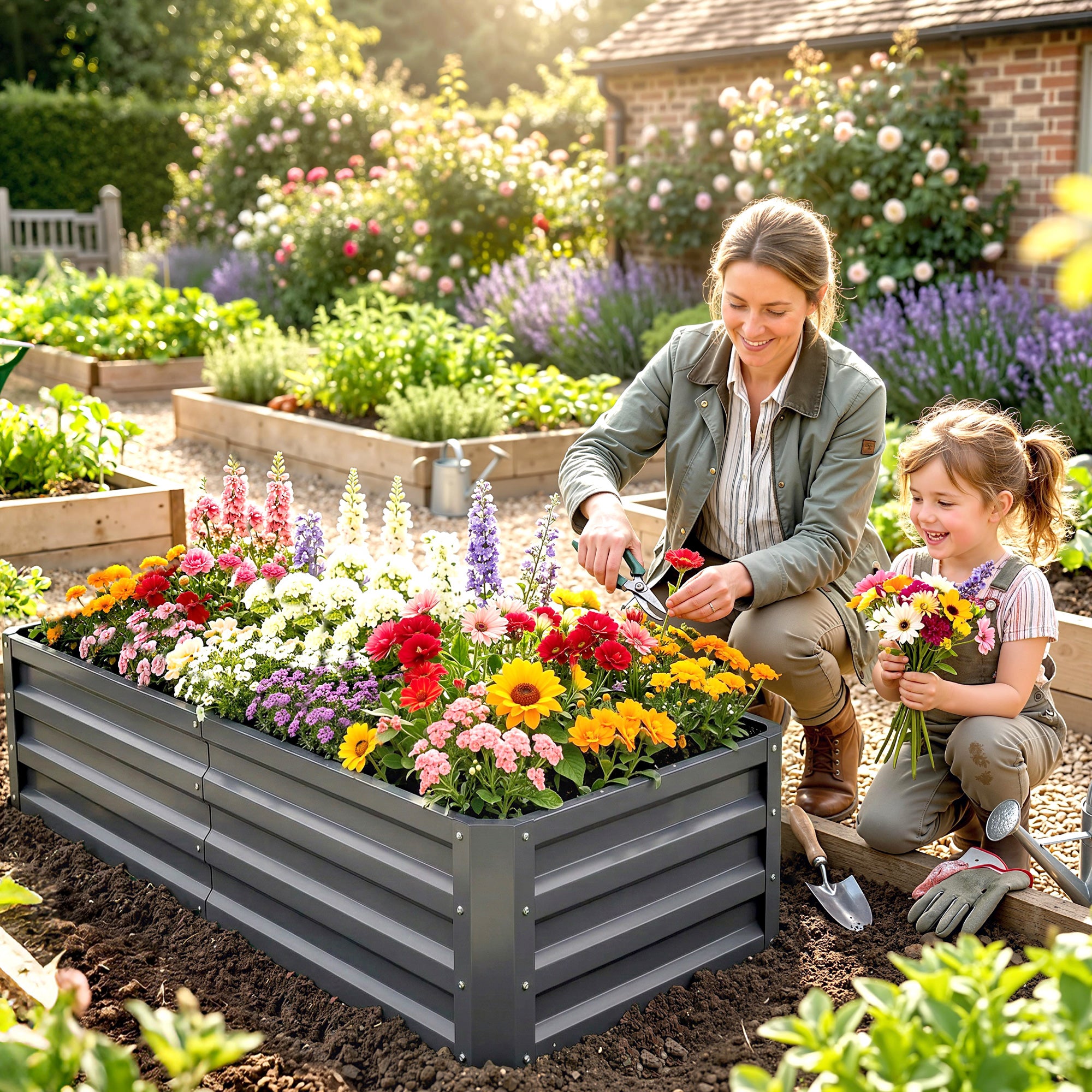Outsunny Raised Beds for Garden, Galvanised Outdoor Planters for Herbs and Vegetables, for Patio, Garden, Balcony, Light Grey