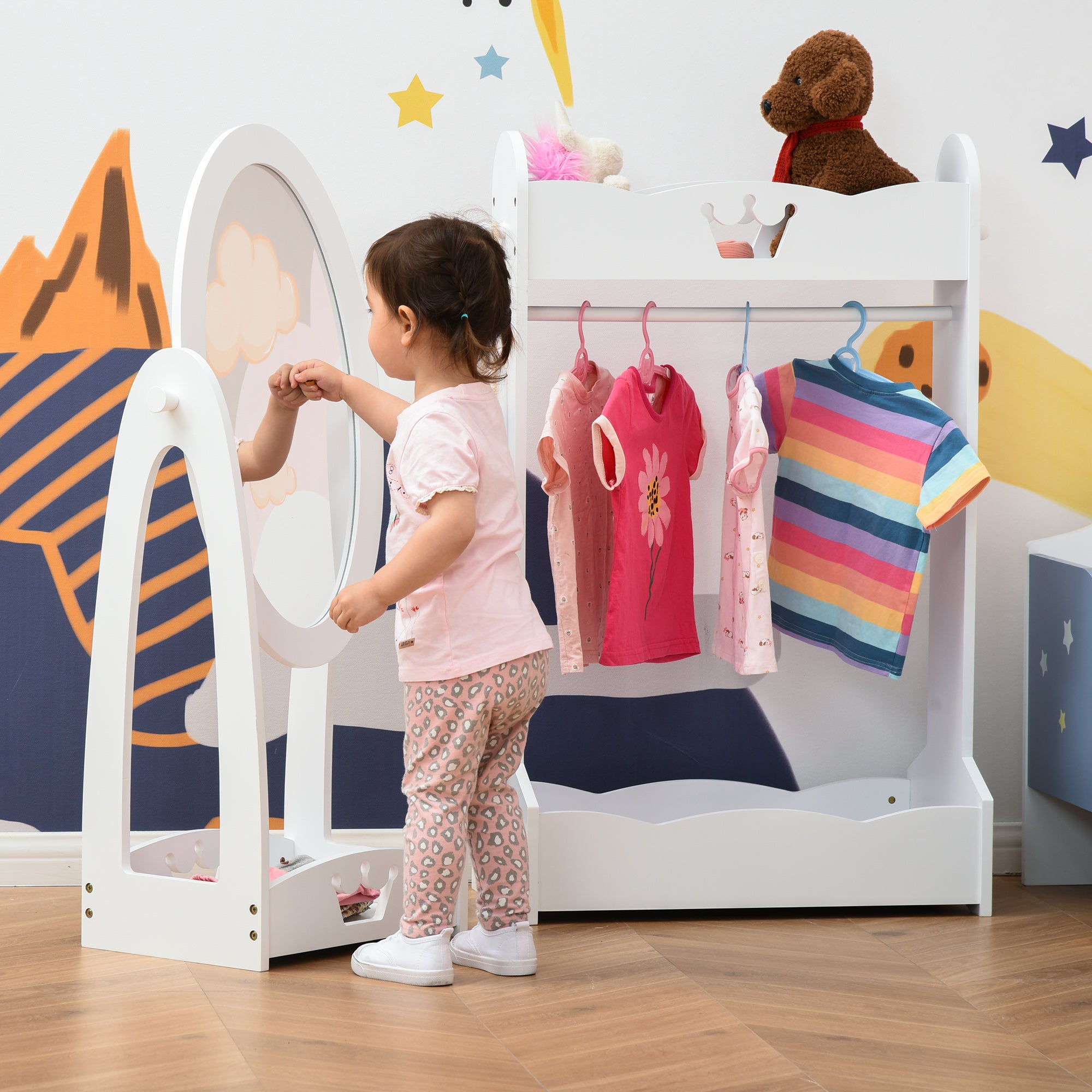 HOMCOM Kids Clothes Rail and Mirror Set 360° Rotation Free Standing Full Length Mirror and Hanging Rack with Storage Shelves Child's Dressing Mirror Garment Wardrobe White - North Peak Garden Furniture