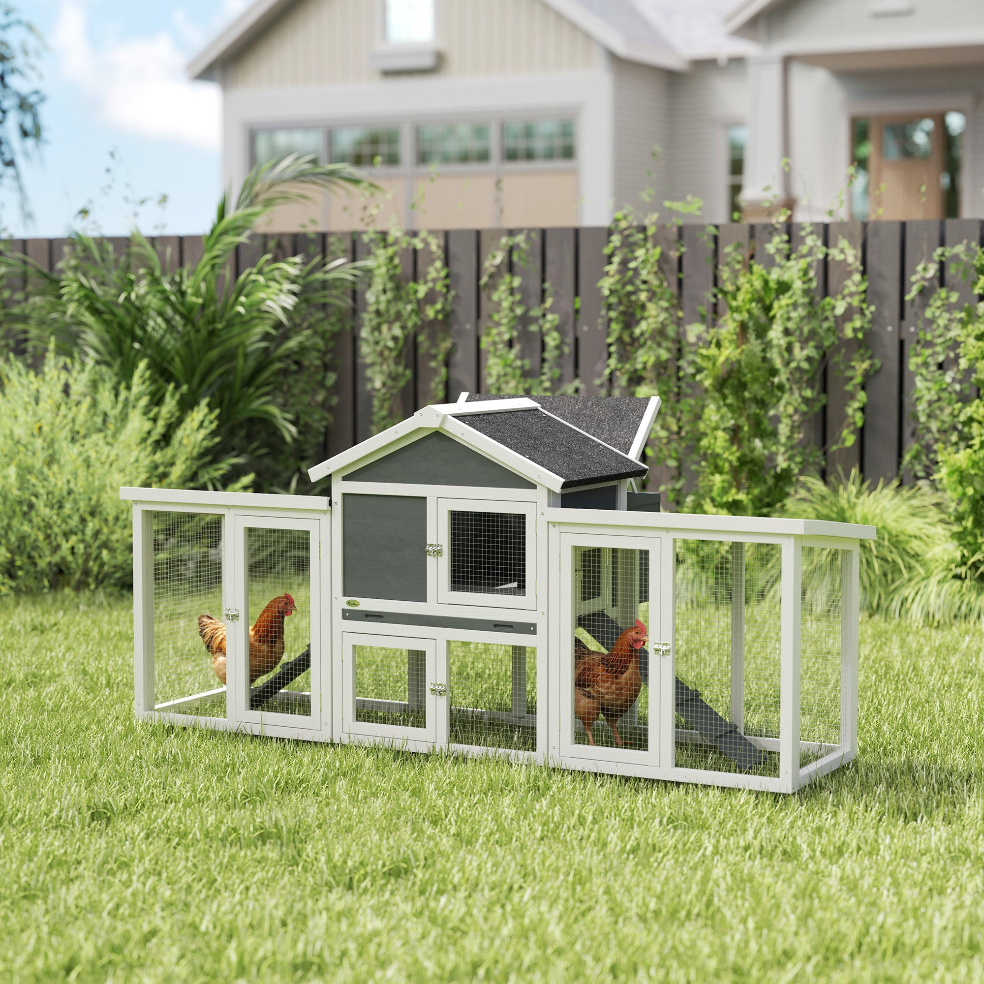 PawHut Large Chicken Coop, Wooden Garden Hen House, Poultry Coops Cages with Run, Nesting Box, Grey - North Peak Garden Furniture