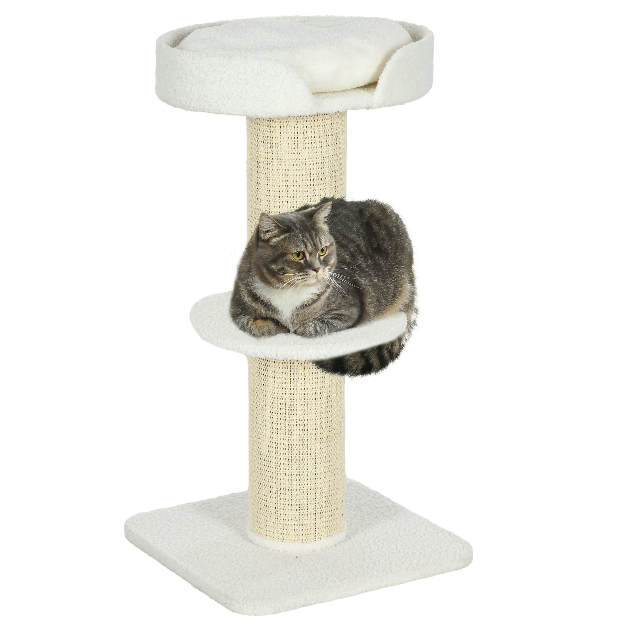 PawHut 2 Tier Sisal Sherpa Cat Tree with Basket Cushion Sisal Post Cream White - North Peak Garden Furniture