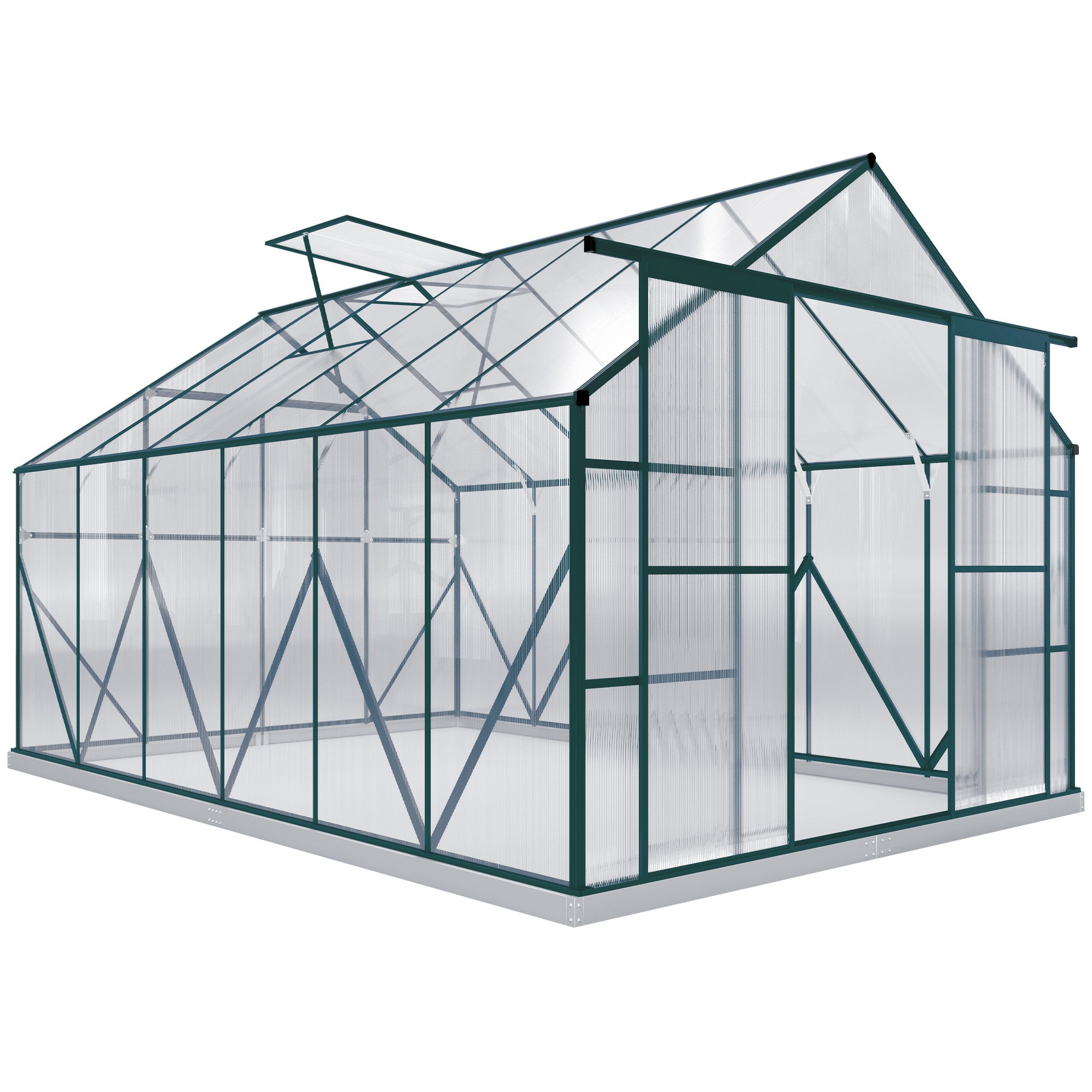 Outsunny 8 x 12ft Aluminium Greenhouse Polycarbonate Walk-in Garden Greenhouse Kit with Adjustable Roof Vent, Double Sliding Door, Rain Gutter and Foundation, Clear - North Peak Garden Furniture