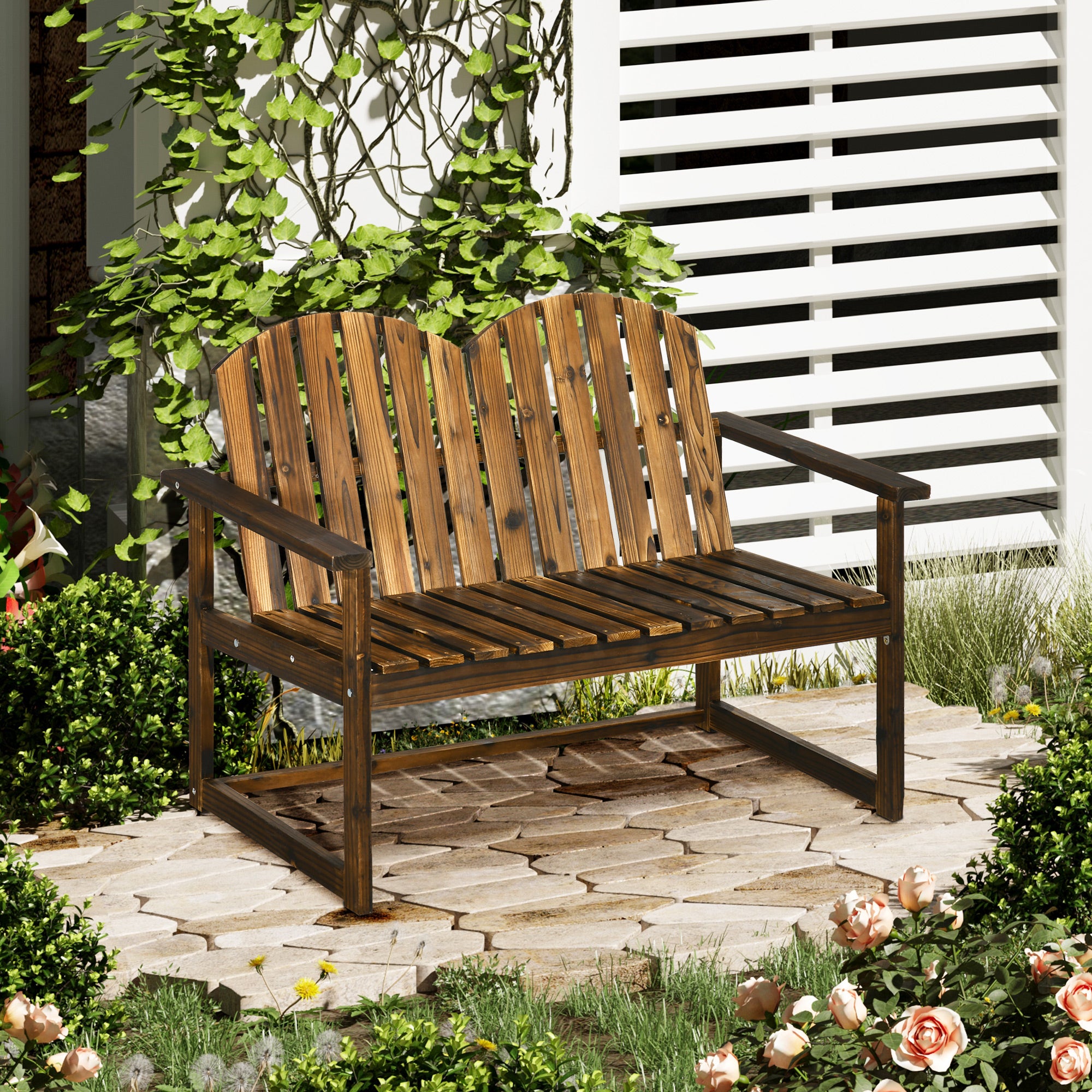 Outsunny Outdoor Wooden Garden Bench, Patio Loveseat Chair with Slatted Backrest and Smooth Armrests for Two People, for Yard, Lawn, Porch, Carbonised Finish - North Peak Garden Furniture