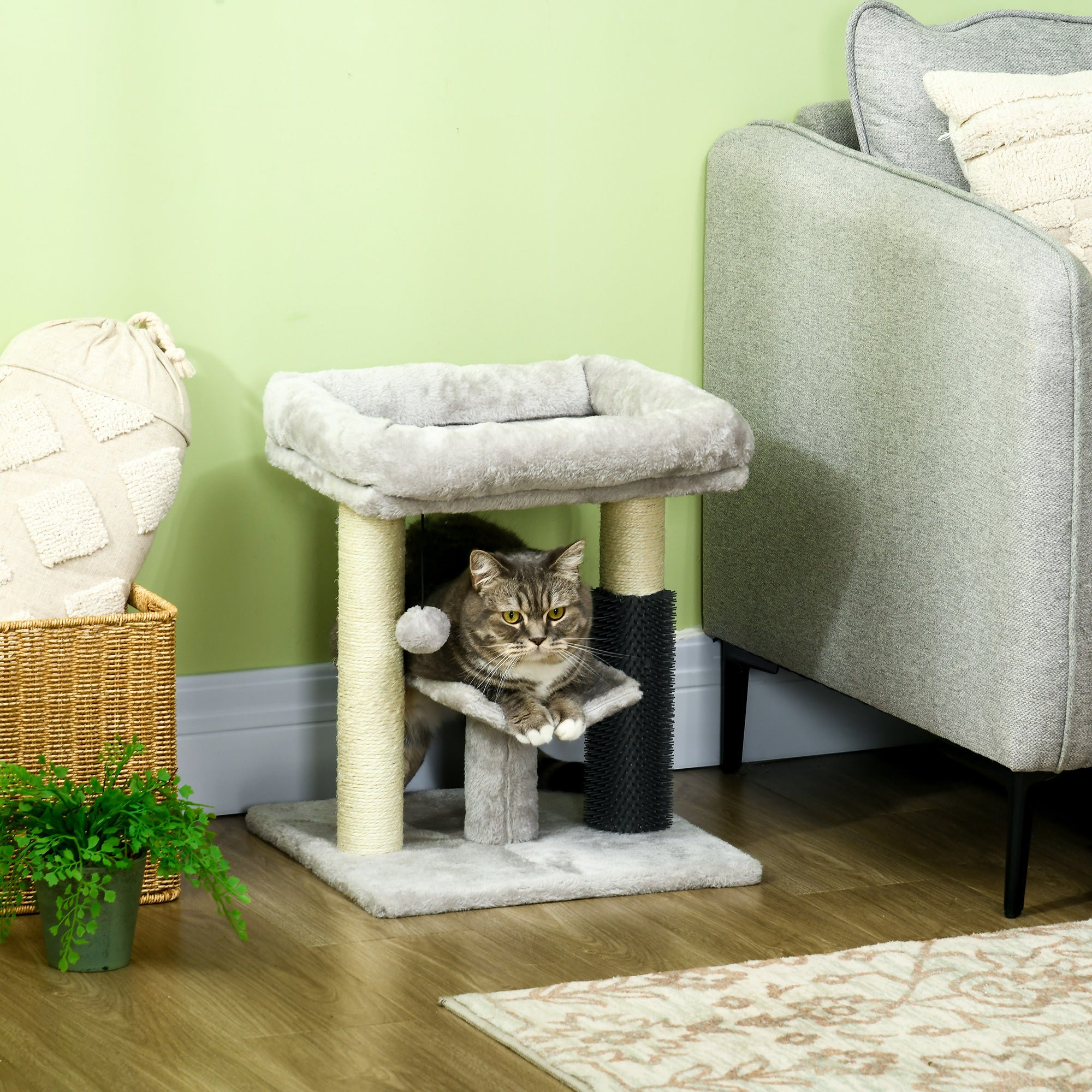 PawHut 48cm Cat Tree with Scratching Posts, Bed, Perch, Self Groomer, Toy - Grey - North Peak Garden Furniture