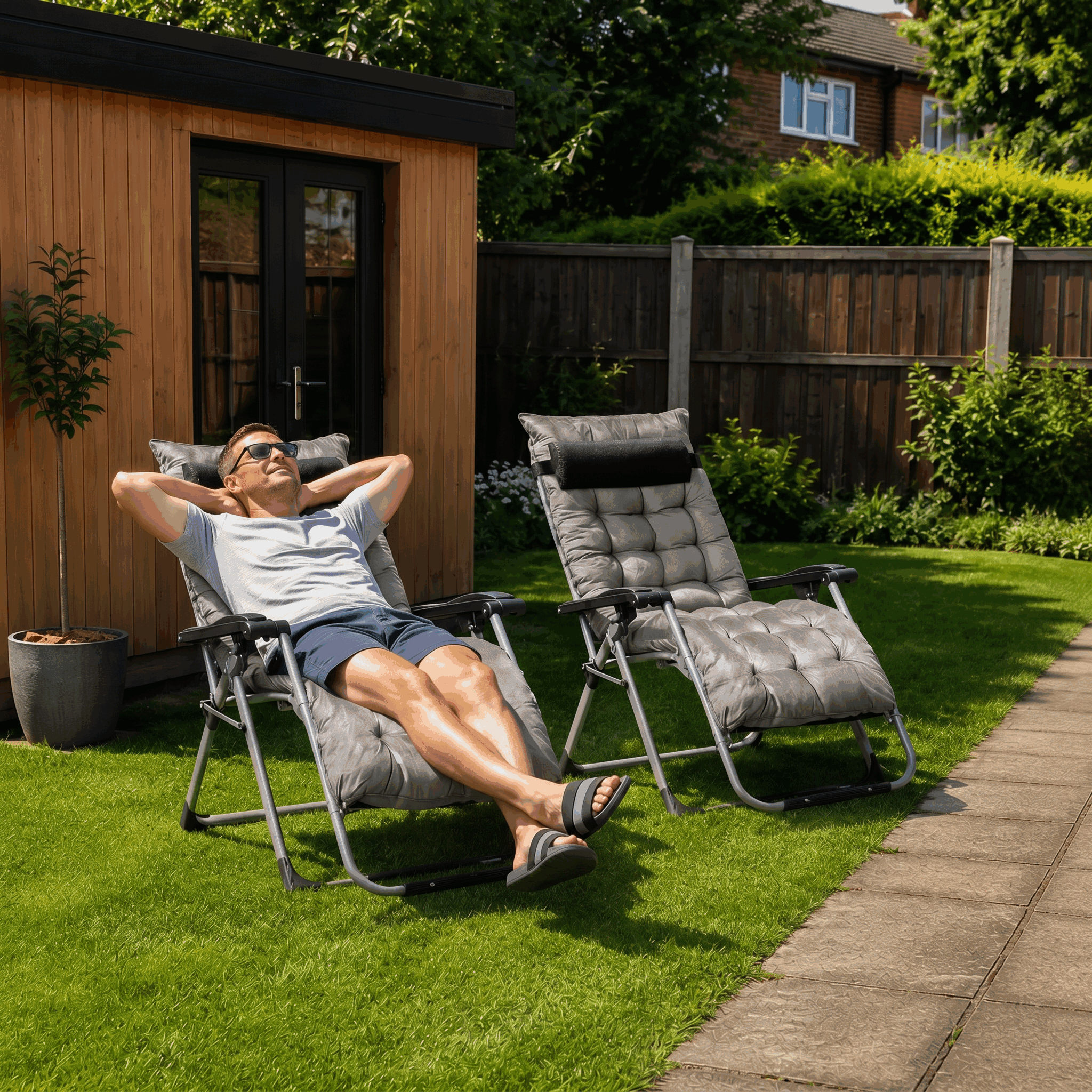Outsunny 2 Piece Reclining Zero Gravity Chair Metal Frame Folding Garden Sun Lounger with Cushion Headrest, Dark Grey