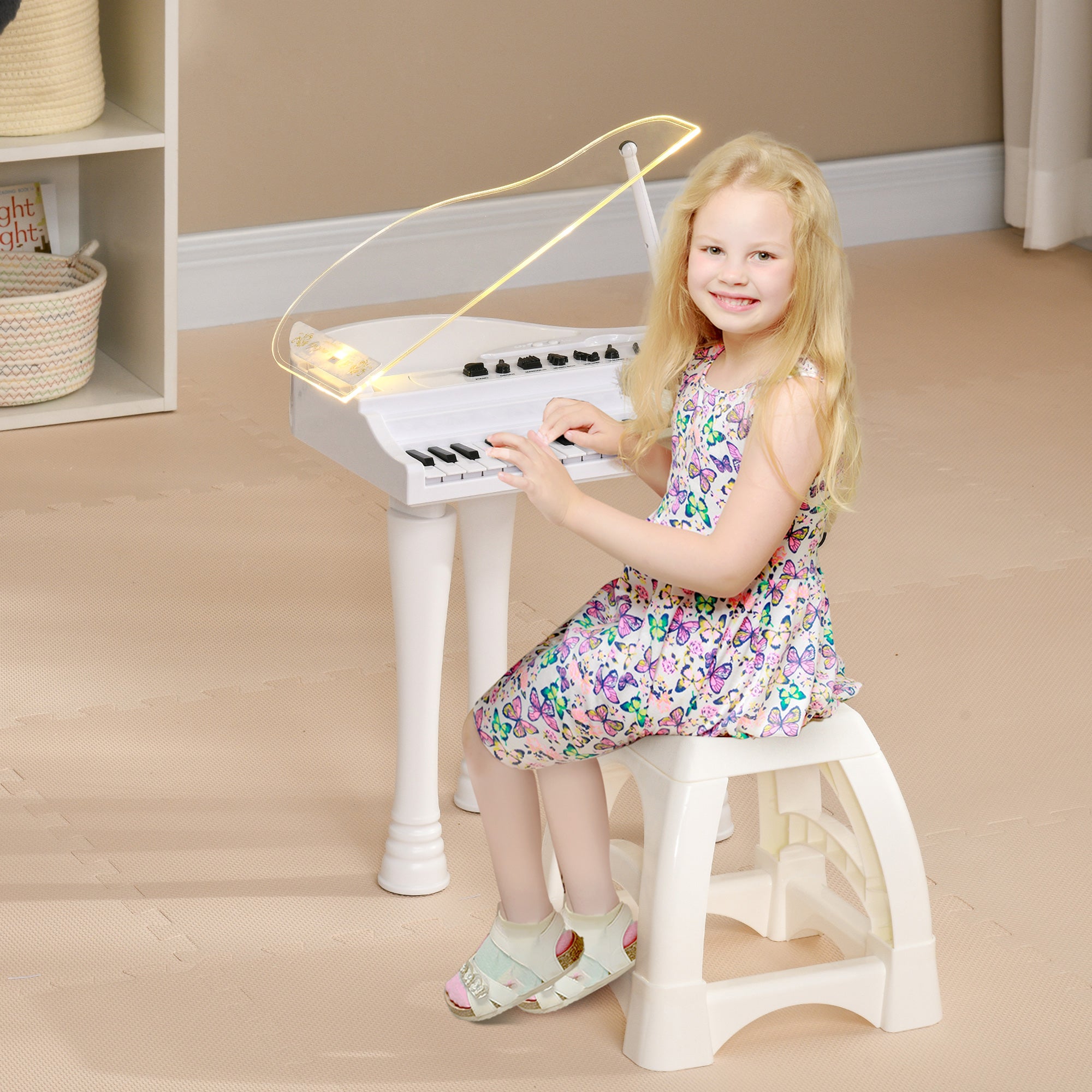 AIYAPLAY 32-Key Kids Piano Keyboard, with Stool, Lights, Microphone, Sounds, Removable Legs - White - North Peak Garden Furniture