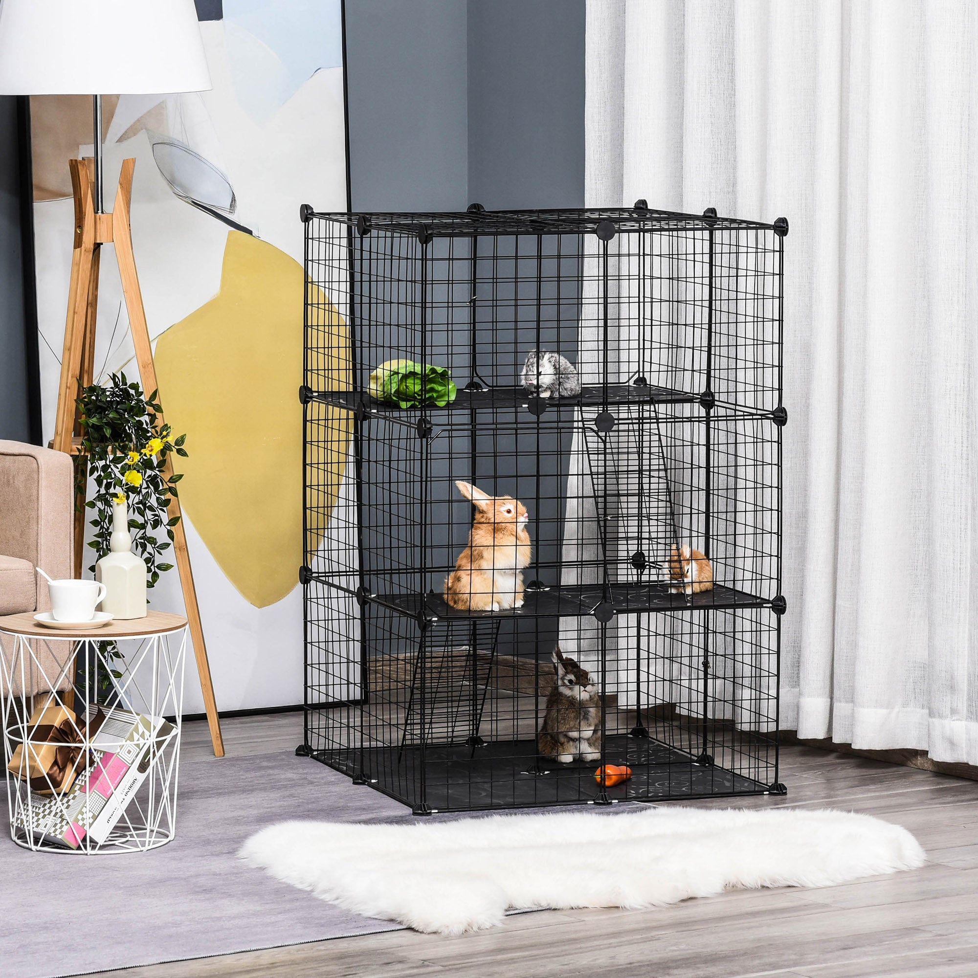 PawHut Pet Playpen DIY Small Animal Cage Enclosure Metal Wire Fence 39 Panels with 3 Doors 2 Ramps for Kitten Bunny Chinchilla Pet Mink Black - North Peak Garden Furniture