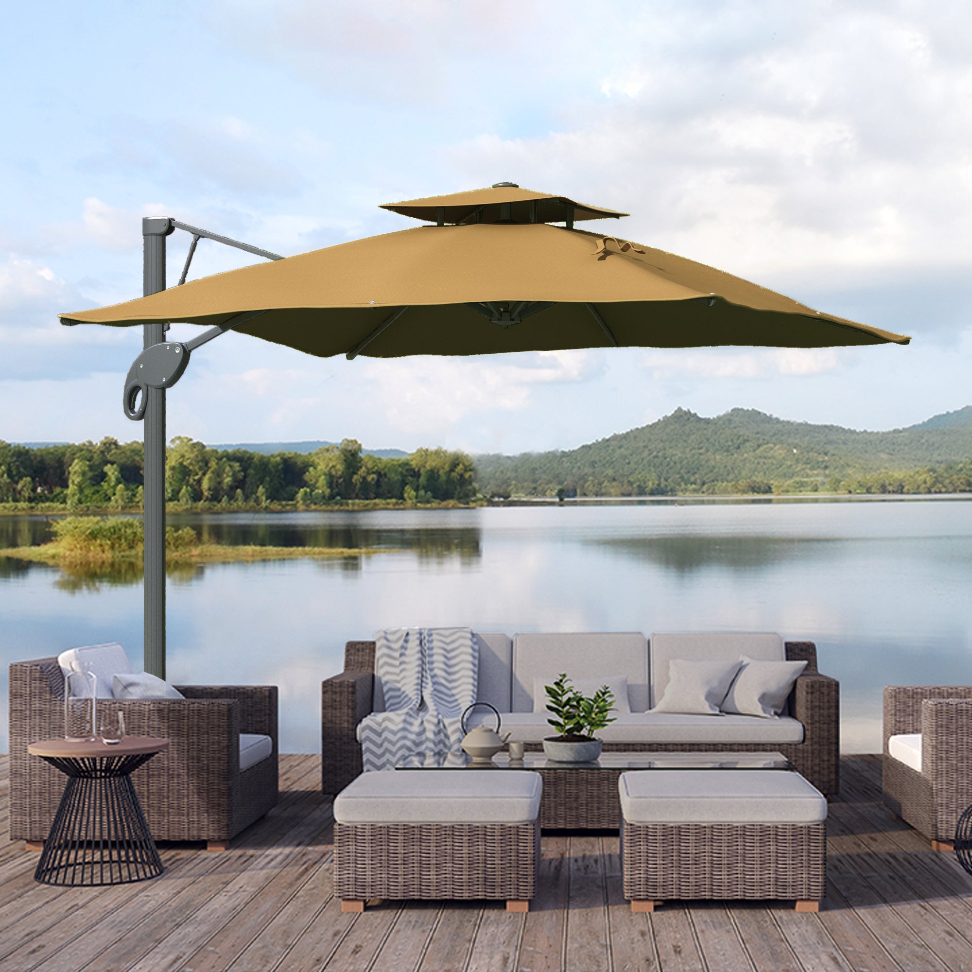 Outsunny Garden Parasol, 3(m) Cantilever Parasol with Hydraulic Mechanism, Dual Vented Top, 8 Ribs, Cross Base, Khaki - North Peak Garden Furniture