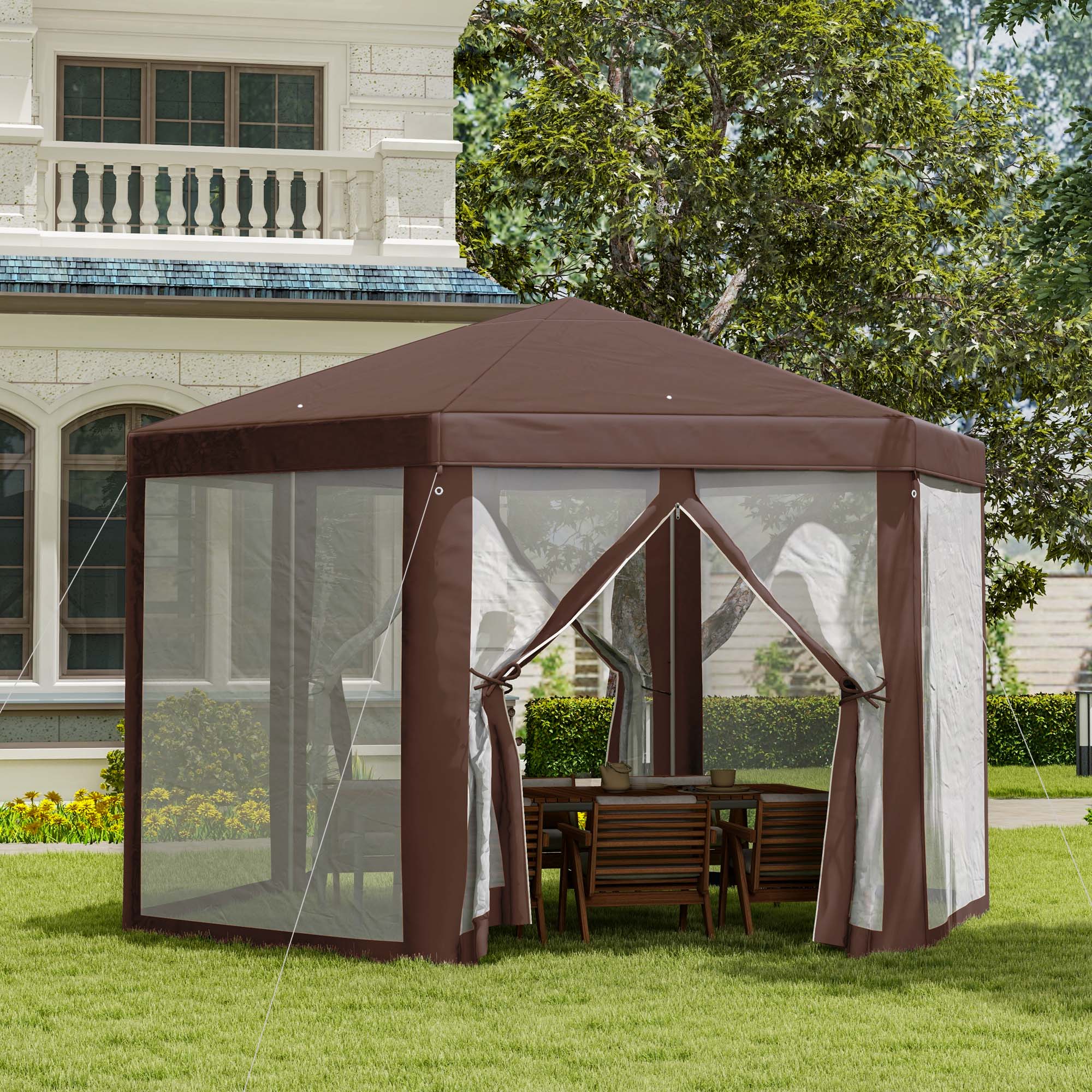 Outsunny Hexagonal Garden Gazebo Patio Party Outdoor Canopy Tent Sun Shelter with Mosquito Netting and Zipped Door, Brown - North Peak Garden Furniture