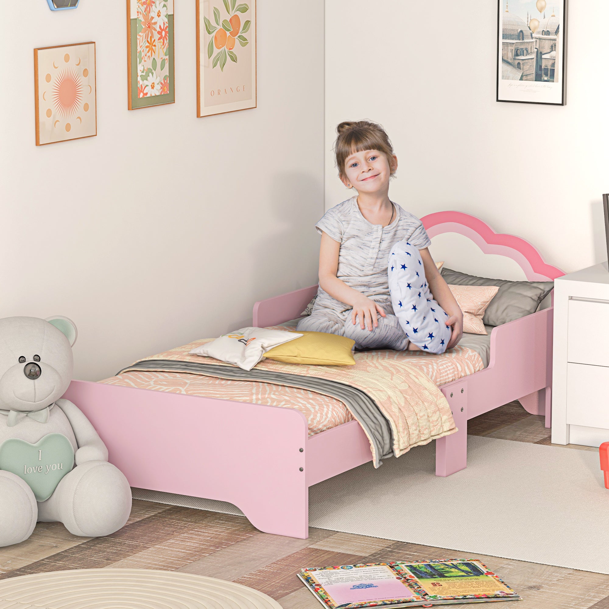 ZONEKIZ Toddler Bed Frame, Princess Bed for Kids, Cloud-Design, 143 x 74 x 55cm - Pink - North Peak Garden Furniture
