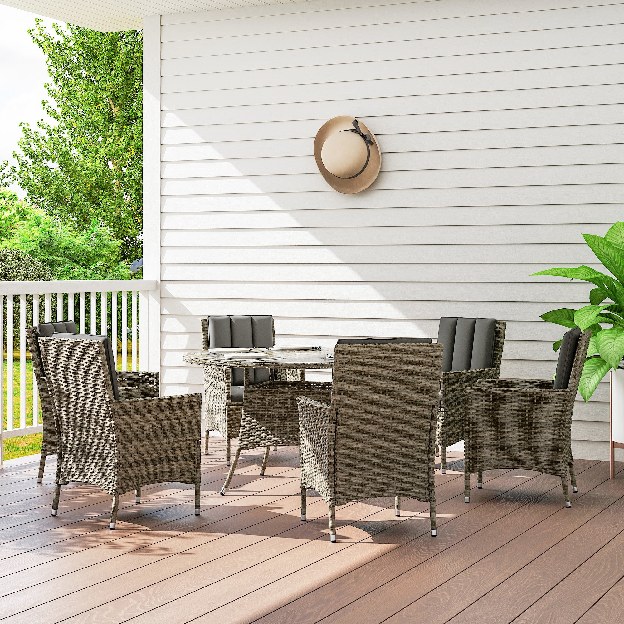 Outsunny Seven-Piece Rattan Dining Table, with Round Glass-Top Table - Light Grey - North Peak Garden Furniture