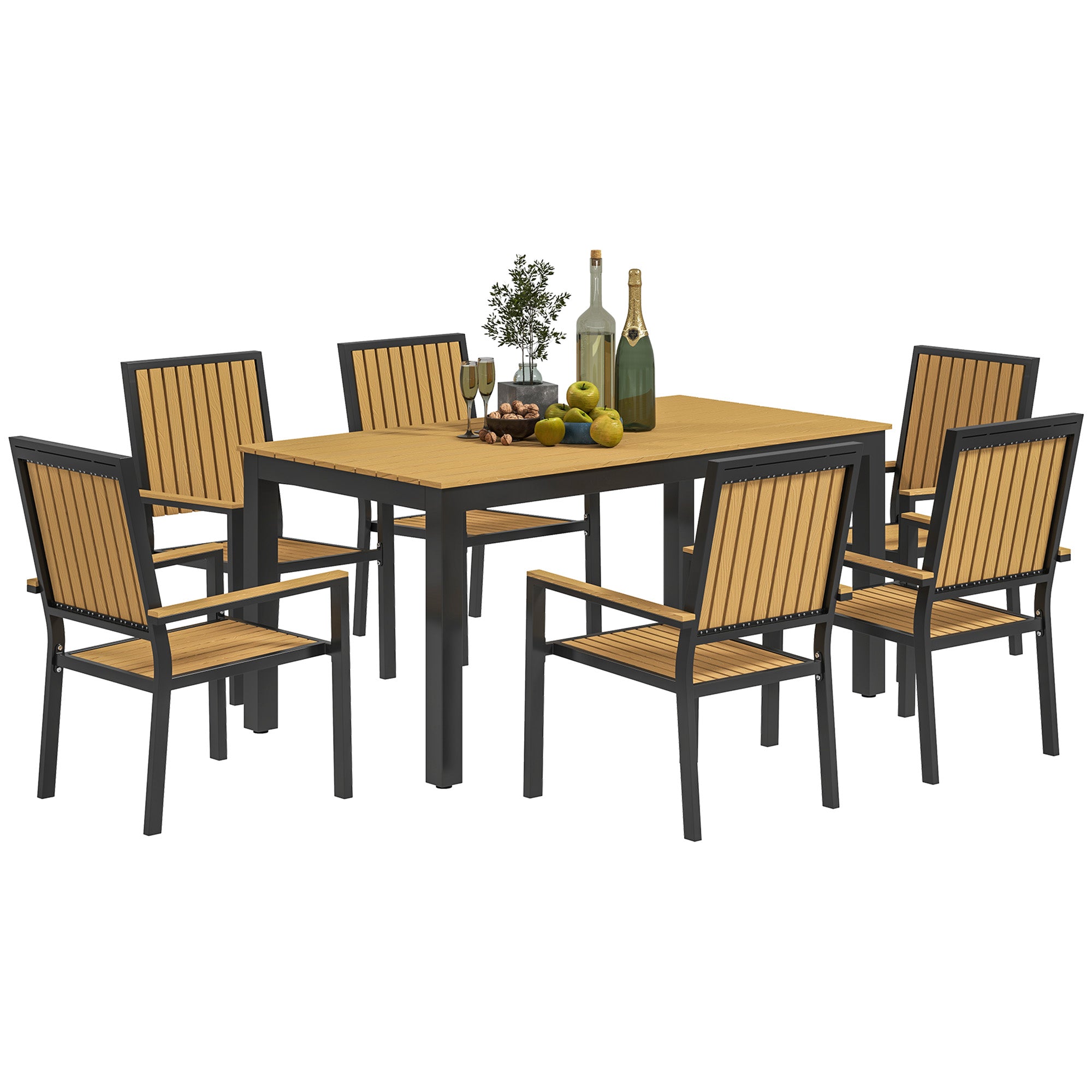 Outsunny 6 Seater Garden Dining Set with Stackable Chairs, Aluminium Frame, Rectangular Plastic Top, Garden Furniture Set, Outdoor Dining Table and Chairs for Patio, Balcony, Poolside, Nature Wood - North Peak Garden Furniture