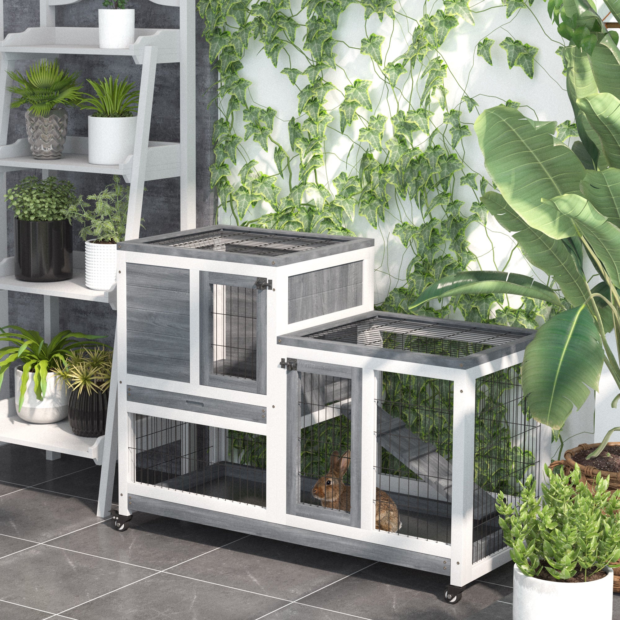 PawHut Wooden Indoor Rabbit Hutch Guinea Pig House Bunny Small Animal Cage W/ Wheels Enclosed Run 110 x 50 x 88 cm, Grey - North Peak Garden Furniture