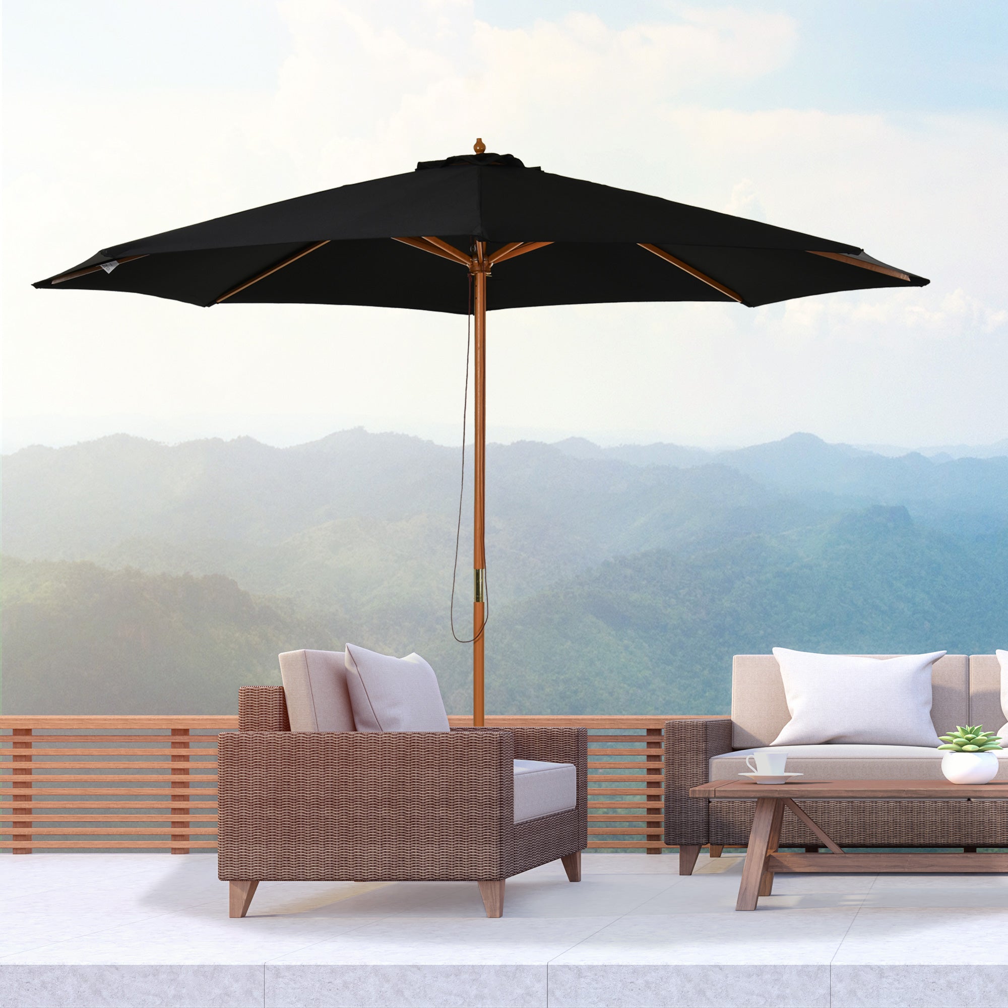 Outsunny 3(m) Garden Parasol, Pulley Operated Patio Umbrella, Wooden Table Market Umbrella with Rope Pulley Mechanism and 8 Ribs, Black - North Peak Garden Furniture